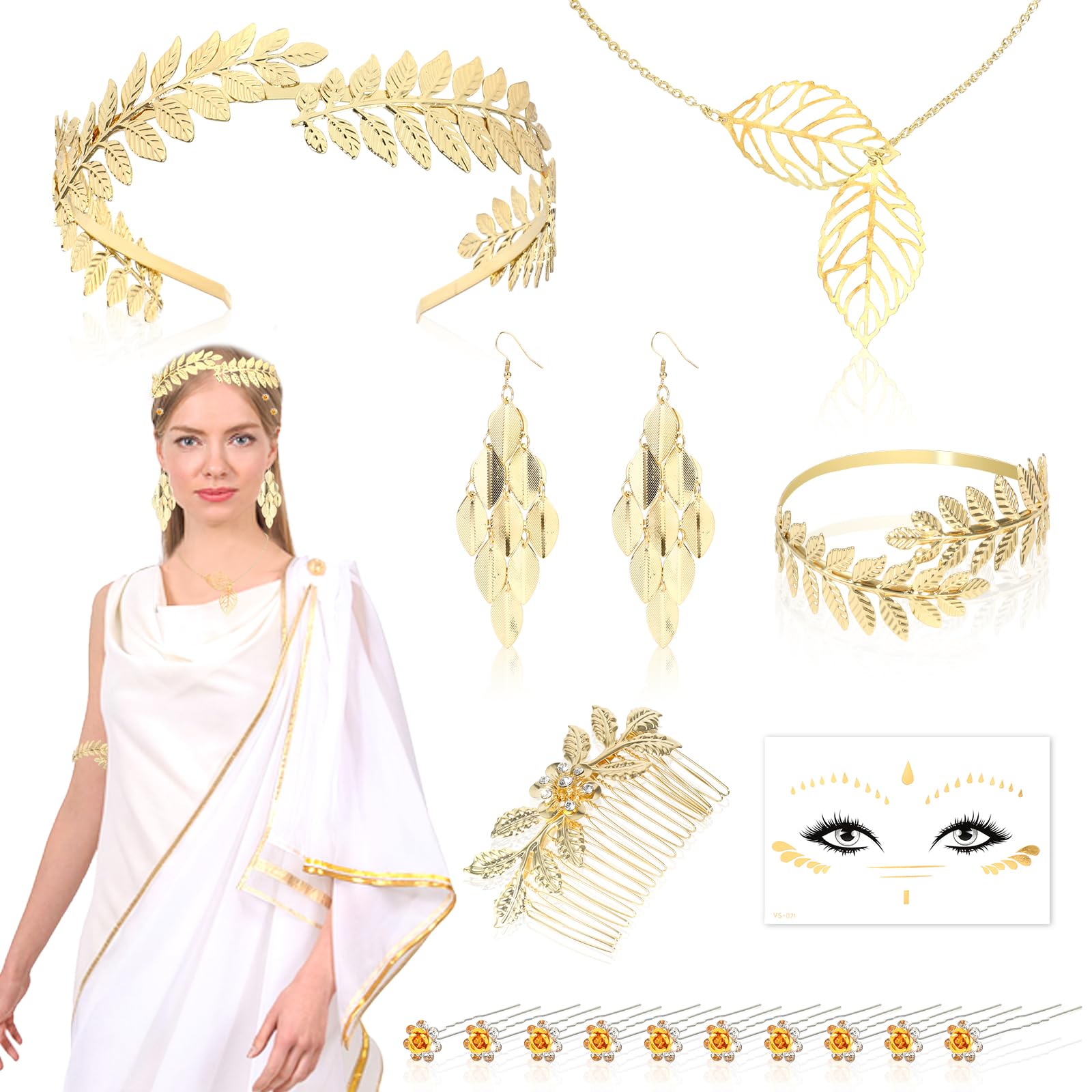 Parure Bijoux Déesse Grecque | Diadème Laurier Romain + Collier + Bracelet + Boucles D’Oreilles | Cosplay, Mariage, Théâtre | Style Grèce Antique