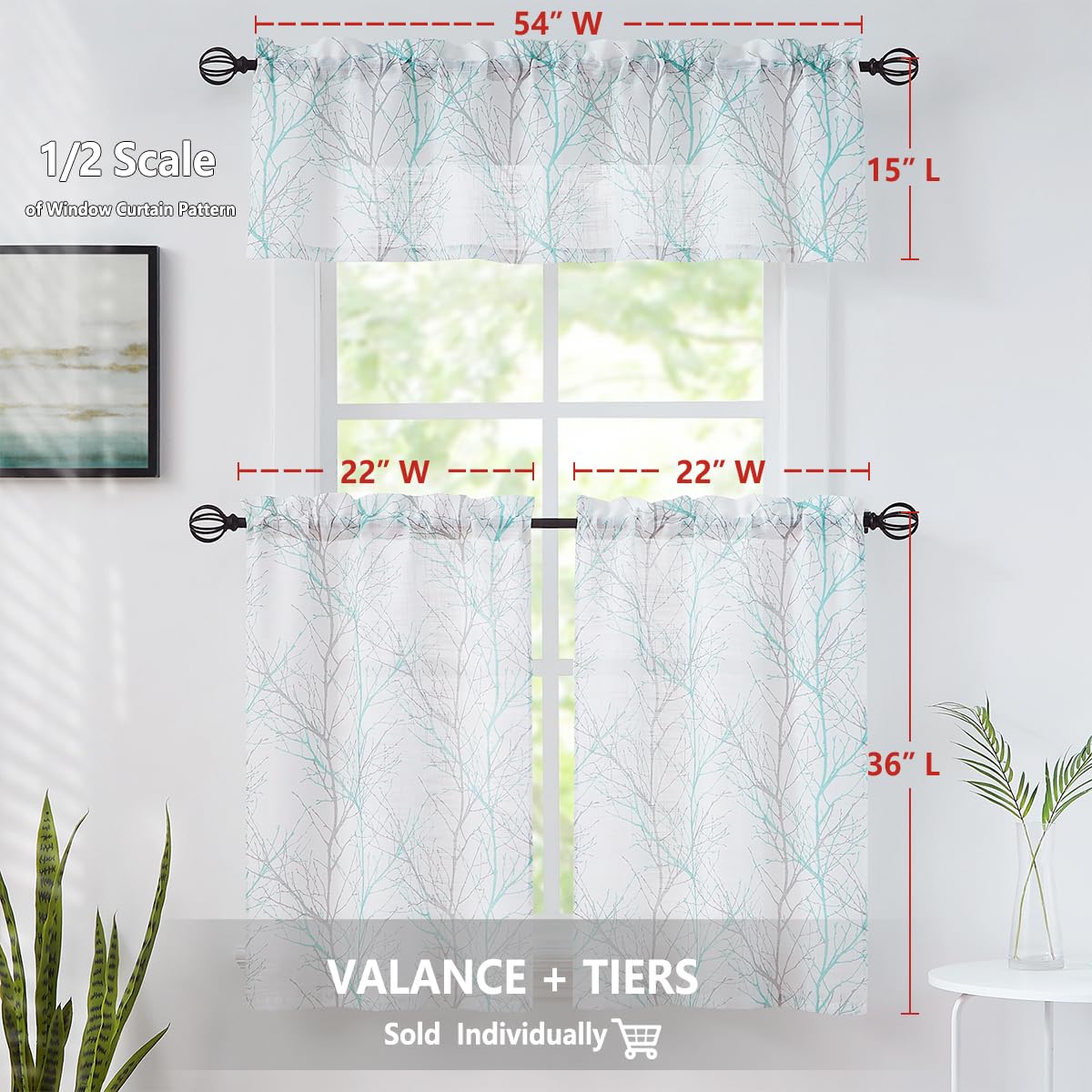 Amazon｜Fmfunctiontex ブルーキッチンカーテン 36インチ グレーツリー