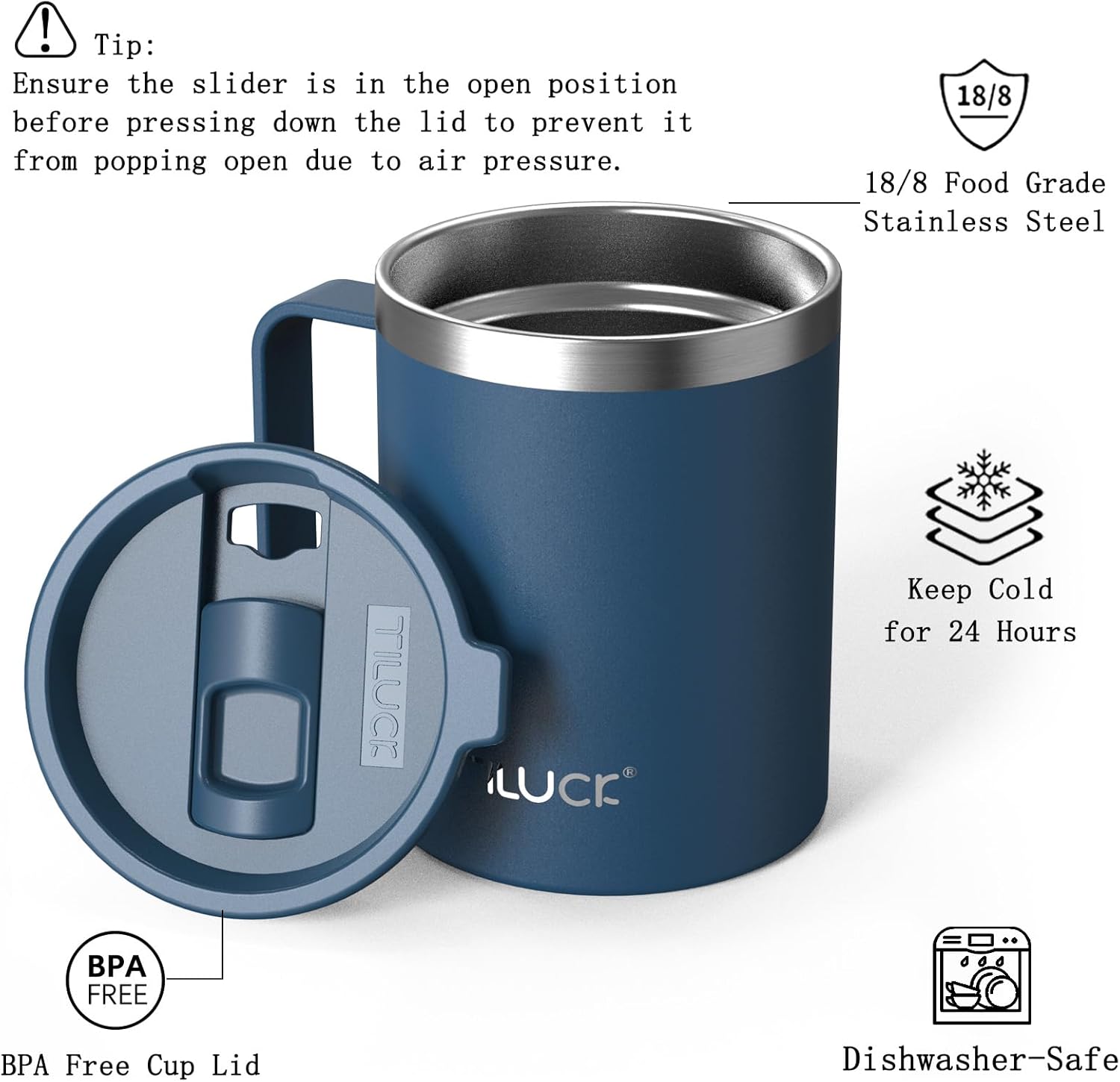 TILUCK 12 oz Insulated Coffee Mug with Lid,Stainless Steel Travel Mug Cup with Handle for Hot or Cold Drinks(DarkBlue, 12oz) - Image 2