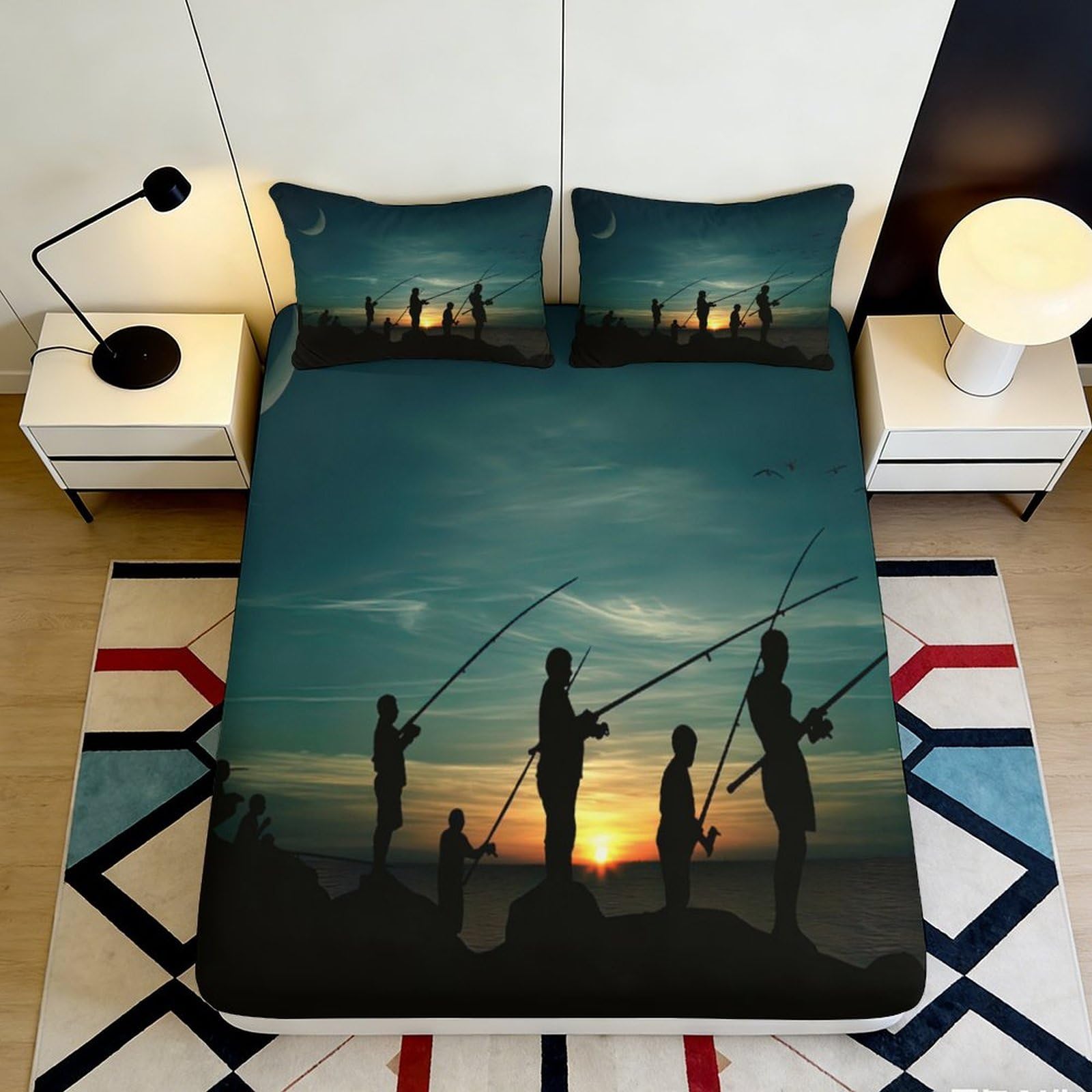 3D Printed Sunset Fishing Fitted Sheet Microfiber Anti-Slip Bed Cover for Bedroom Guest Room Decor Easy Care 90x200x25cm