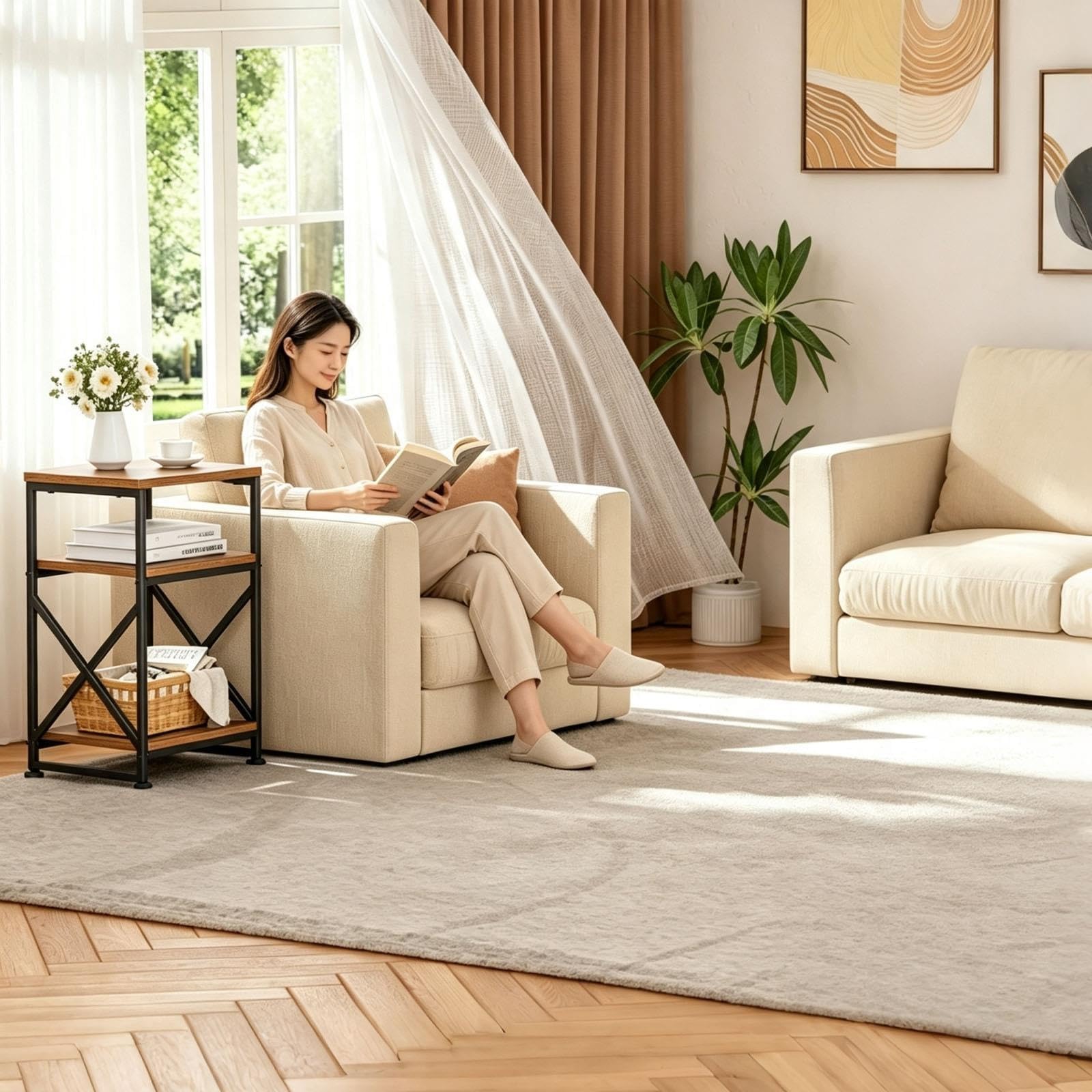 Tavolino Laterale, Scaffale 3 Livelli, Comodino, Marrone Rustico