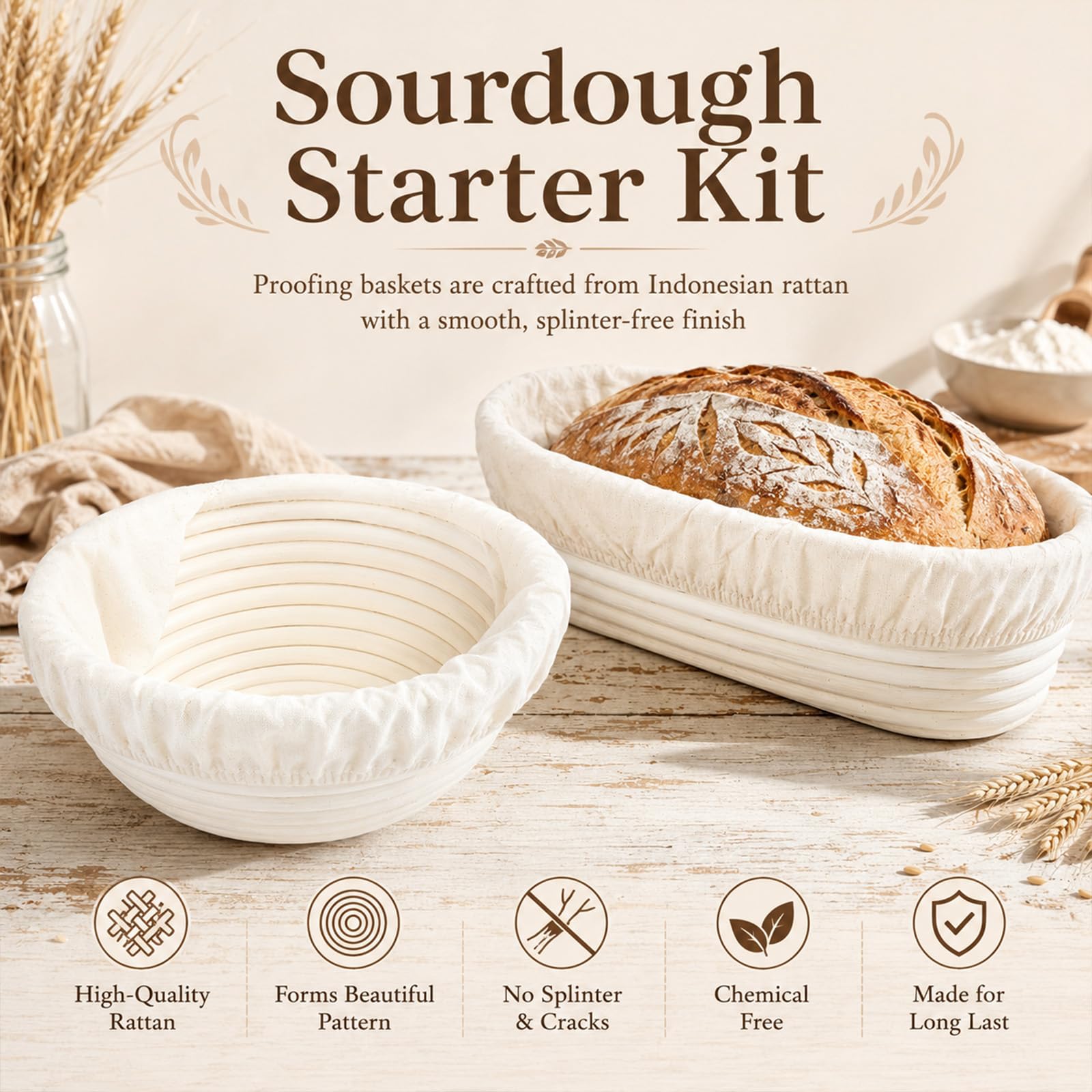 Lot de 16 paniers à fermentation ovales et ronds de 25,4 cm et 22,9 cm avec verre de démarrage, spatule, élingue à pain, moule à pain Banneton, accessoires de pâtisserie pour boulangers amateurs