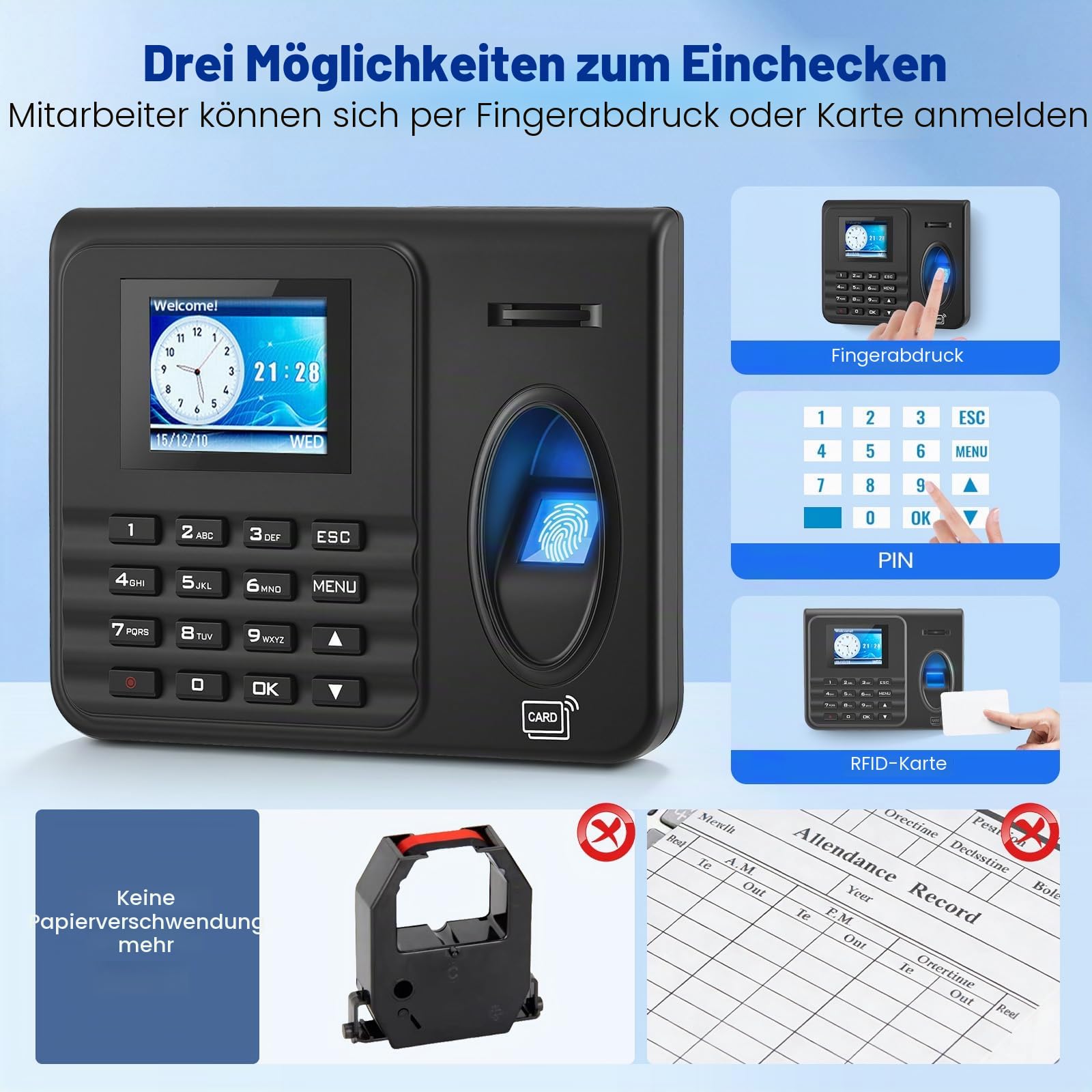 Stempeluhr Zeiterfassung für Kleinbetriebe, Biometrisch mit Sprachansage – 3 Methoden (Fingerabdruck, RFID, PIN), USB-Export, einfache Installation als Stechuhr für Wand oder Tisch