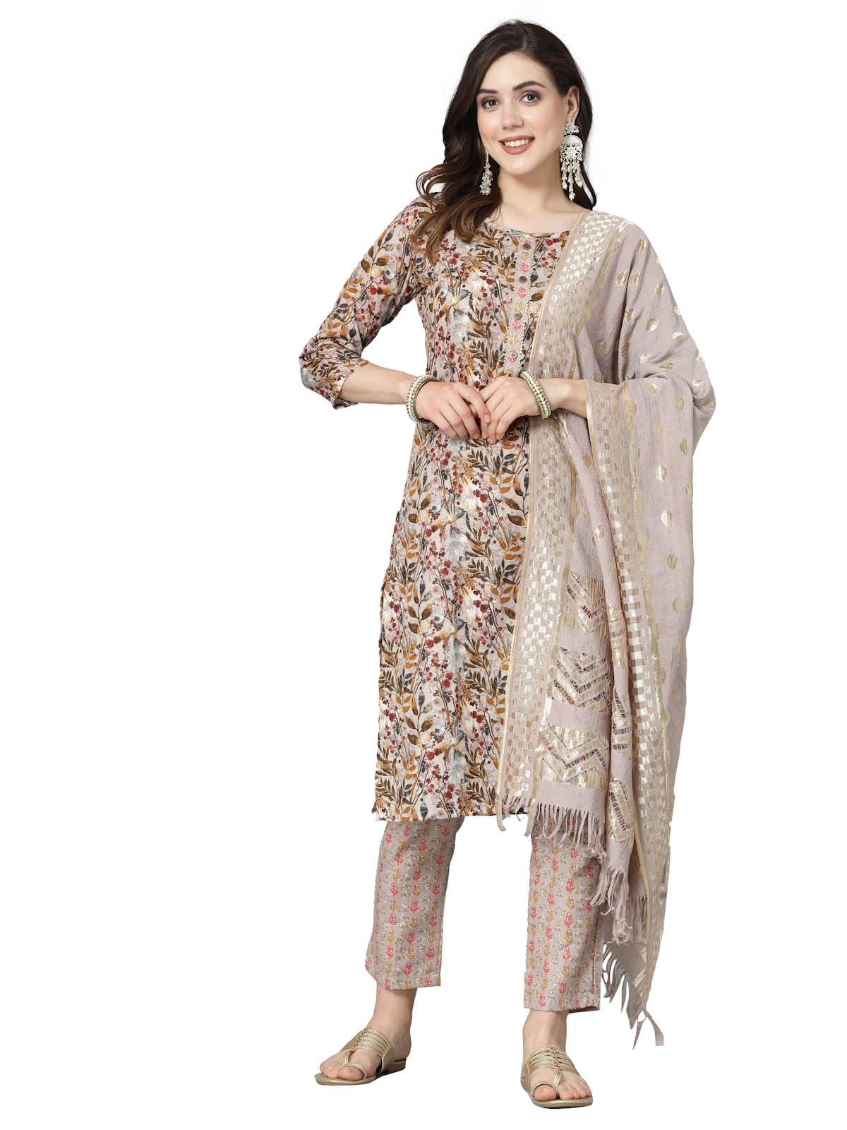 Stylum Women's Floral Printed Cotton Blend Straight Kurta Pant Dupatta Se (In, Alpha, 3Xl, Plus, Beige)
