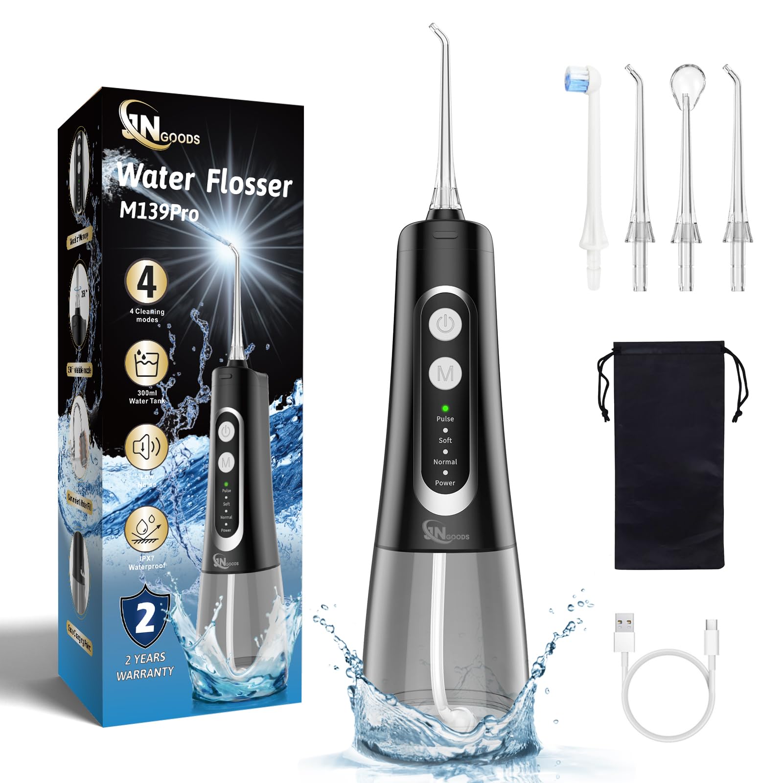 JNGOODS Cordless Water Dental Flosser Oral irrigator,JNGOODS 300ml Rechargeable Water flosser for Teeth IPX7 Waterproof 4 Modes Portable Oral