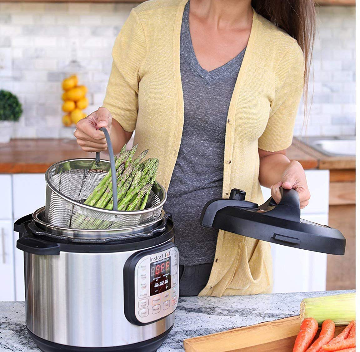 BRONG Cottura a Vapore Pentola a Pressione Inox 6QT Instant Pot con Manico per Carne e Cestello Uova