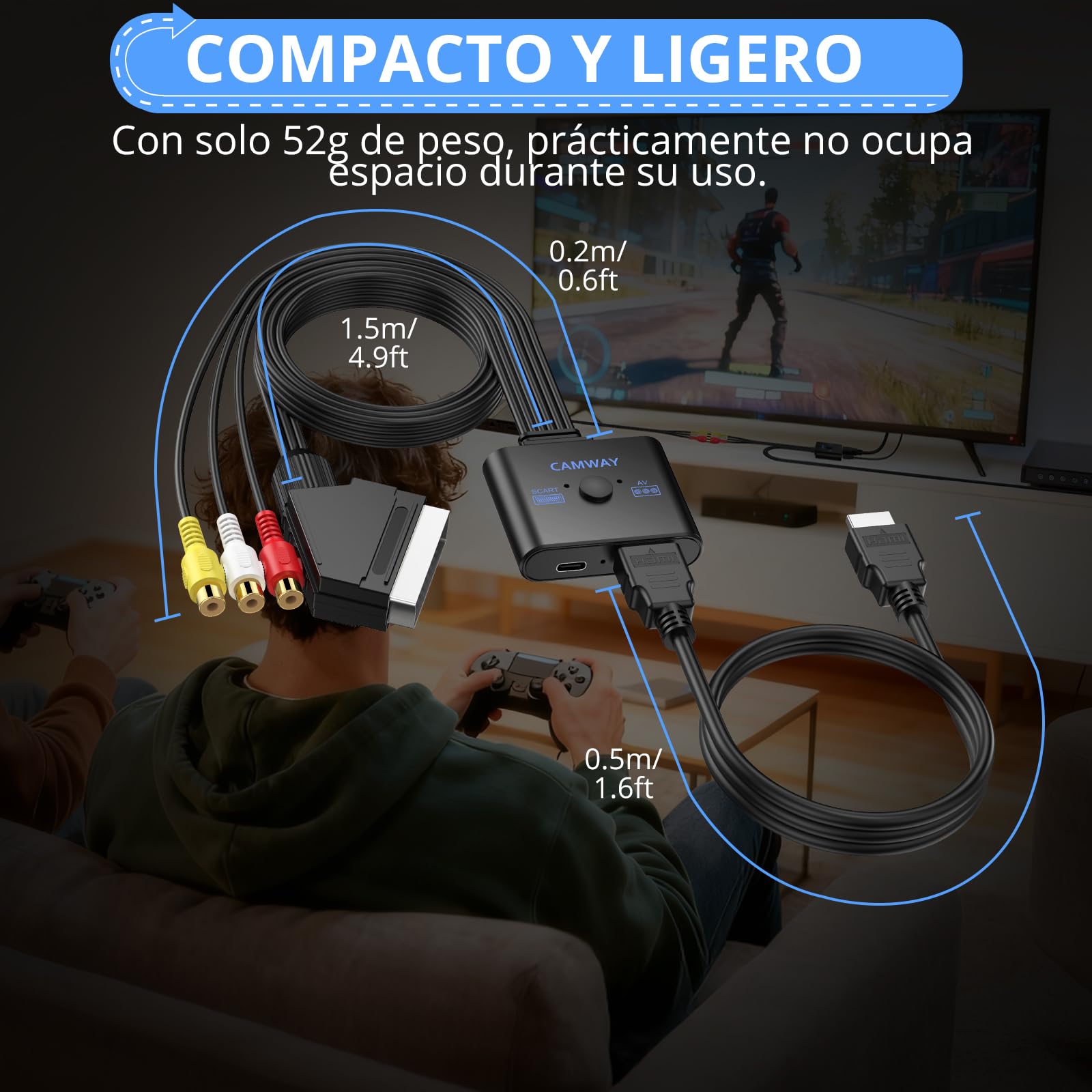 CAMWAY Adaptador RCA y Scart a HDMI con Switch 16:9/4:3, 1080P Convertidor AV/Scart a HDMI con Cable HDMI 50CM, Plug&Play, Compatible con PAL/NTSC para Wii PS1 PS2 N64 Xbox DVD VCR VHS
