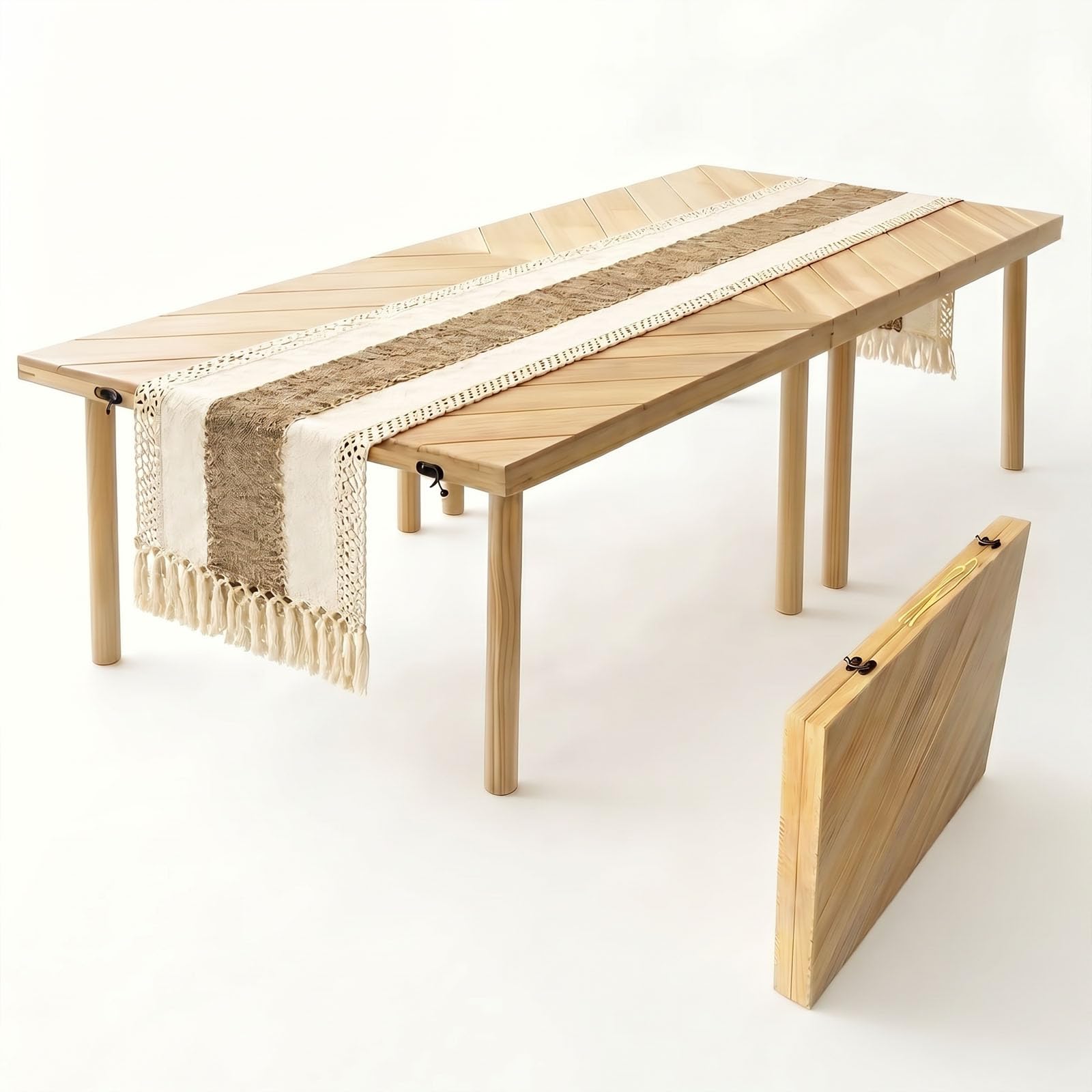 Photo 1 of Tademis 60" x 30" Folding Picnic Table with Table Runner,Upgraded 8-Legs, Extra Stable Boho Low Wood Table, Portable Large Picnic Table for Floor Seating, Adjustable Height for Beach, Wedding, Party