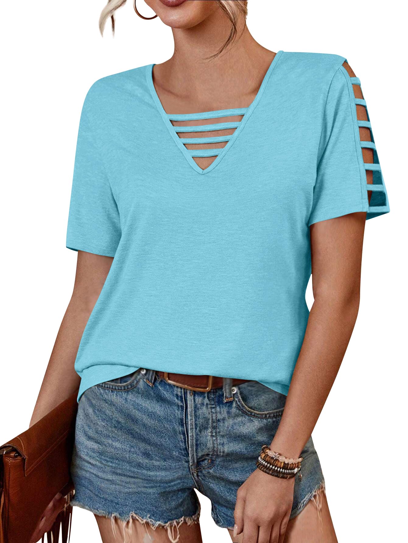 Womens' Summer Top, Solid Color Hollow Out Short Sleeve Casual V Neck T-Shirt X-Large Light Blue