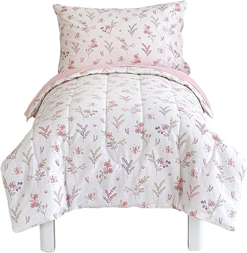 Miniatura 1 de Joyreap Juego de ropa de cama de algodón de 4 piezas para niñas, diseño de flores y hojas rosas, juego de edredón de algodón suave y transpirable,
