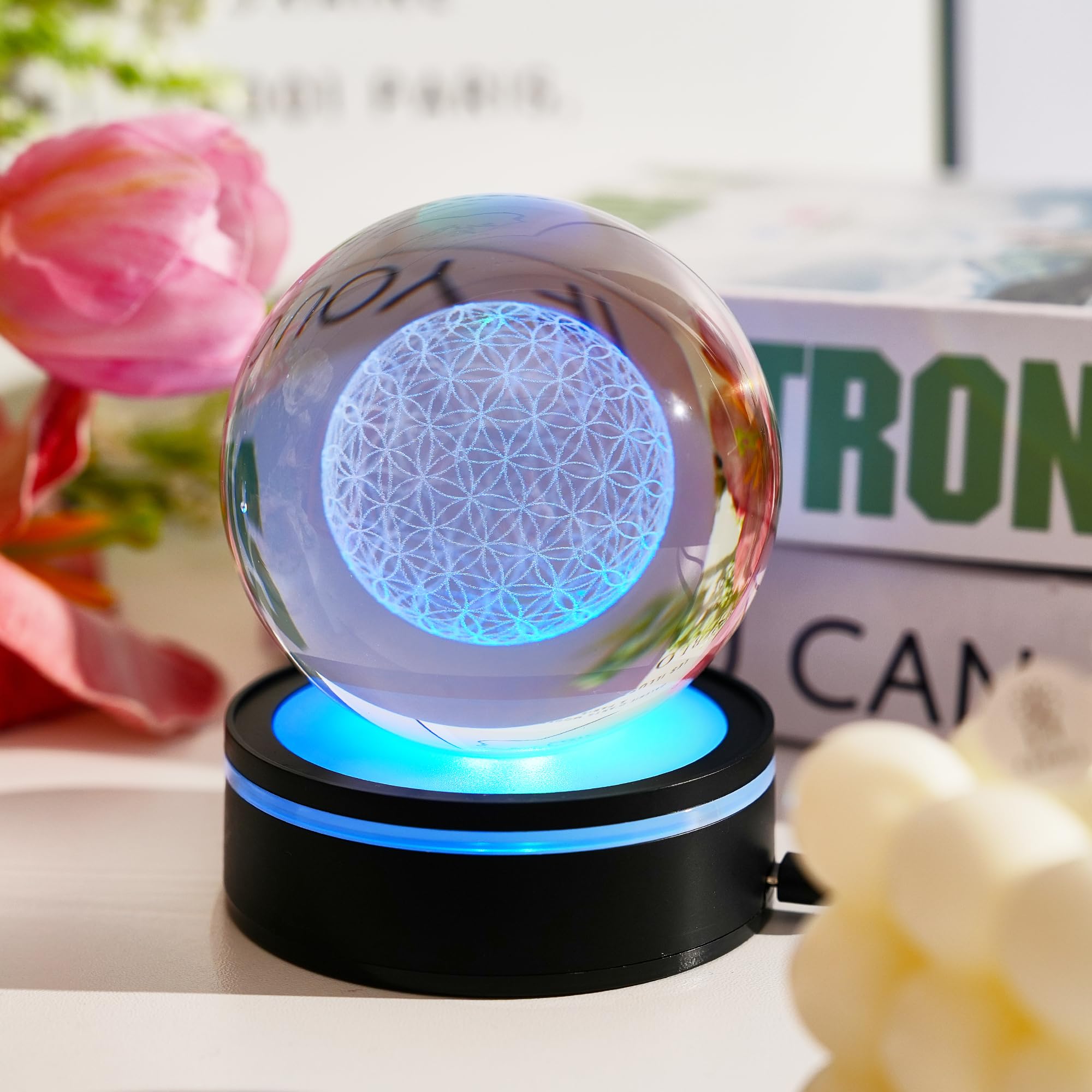 Fermacarte a forma di sfera di cristallo con incisione laser 3D, fiore della vita, con supporto a LED, per guarigione dei chakra, per San Valentino, compleanno, anniversario, regalo di nozze