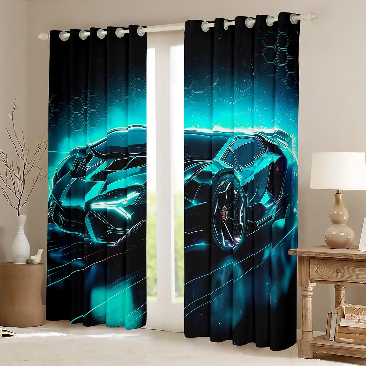 Homemissing Kids Sports Car Window Drapes Race Car Curtains for Kids Teens Boys Girls Extreme Sports Theme Window Curtains for Living Room Speed Luxury Car 30%-50% Blackout Curtains - Image 2