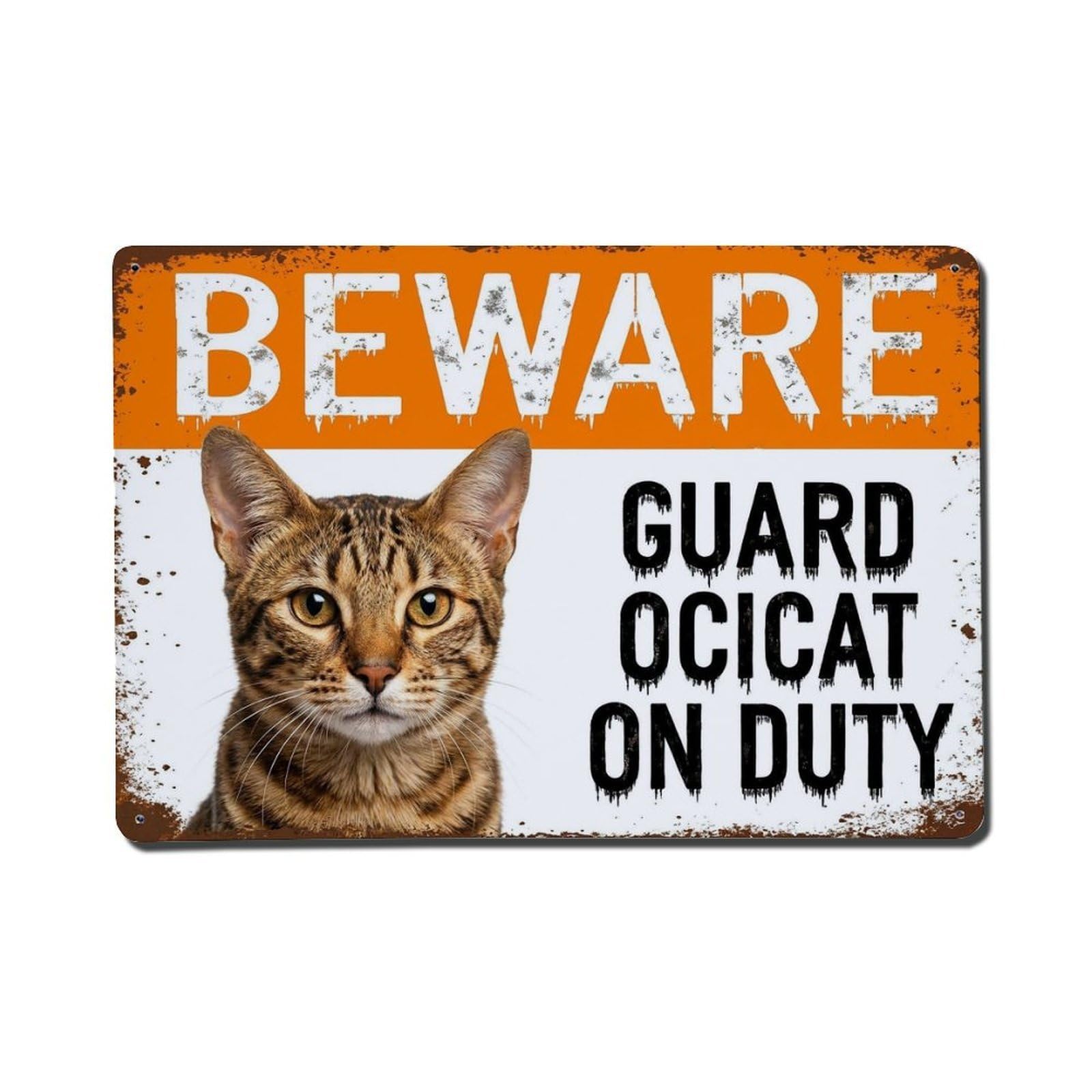 Vintage Funny Ocicat Guard Beware of Cat Spot Metal Tin Sign