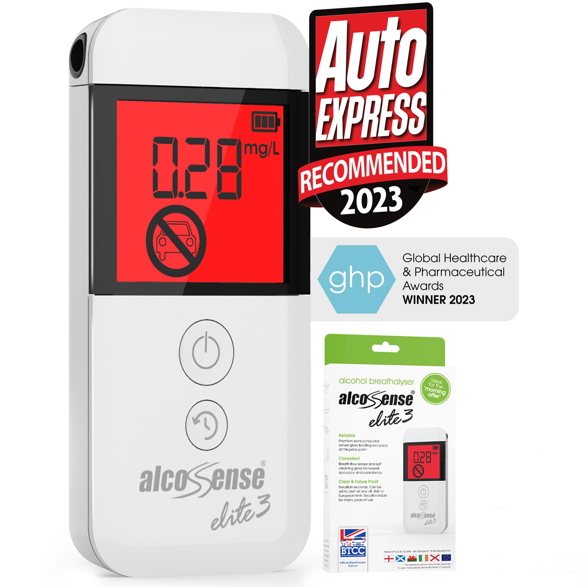 Elite 3 Breathalyser | Auto Express Group Test Recommended | UK, Scottish & Irish Police Alcohol Limits | Home Breathalyzer Alcotester | CE Approved Alcohol Test Kit