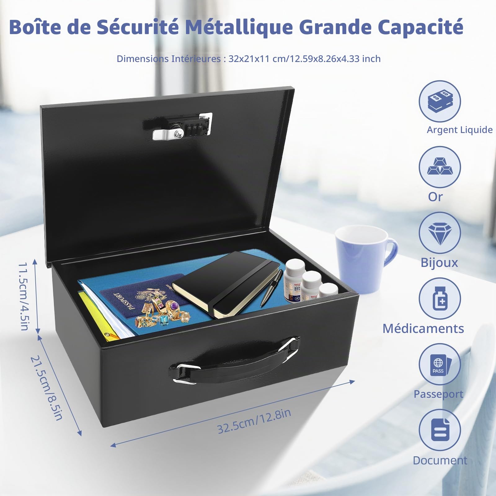 Coffre-Fort Ignifuge Portable Avec Serrure À Code Et Clés - Coffre-Fort Ignifuge Et Étanche Pour La Maison Avec Poignée - Protection Pour Argent, Médicaments, Documents A4 (32,5 x 21,5 x 11,5 cm)