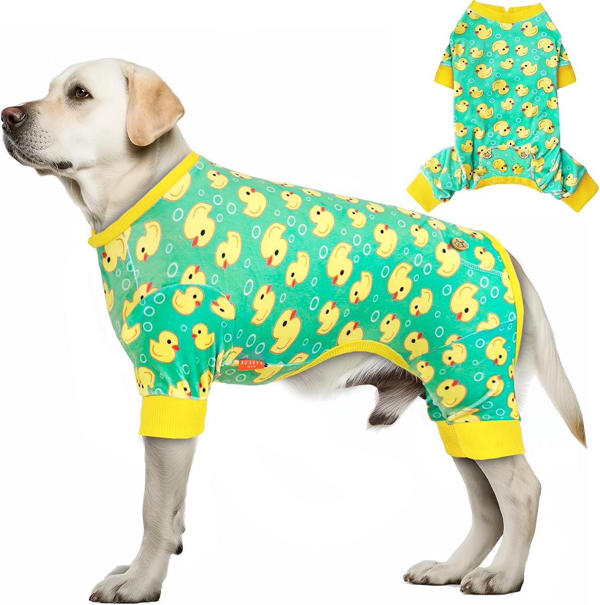 Pijama de terciopelo KYEESE para perros medianos y grandes, suave, pato amarillo | Estiramiento de 4 vías, ligero y transpirable, reduce el desprendimiento, suave para la piel sensible, soporte de recuperación, descansos fáciles para ir al baño