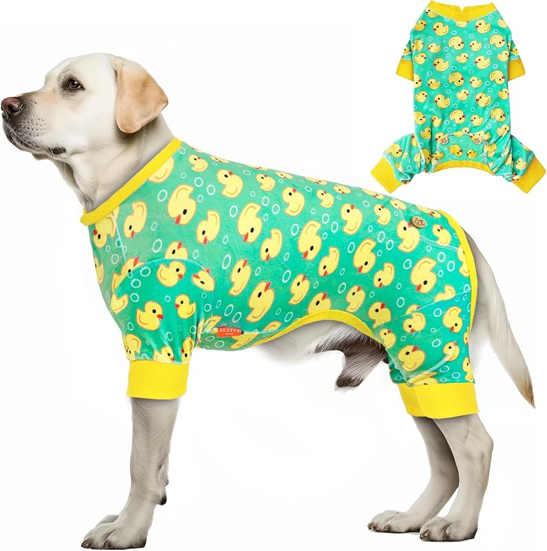 KYEESE Velvet Dog Pajamas for Medium Large Dogs Soft Onesie, Yellow Duck | 4-Way Stretch, Lightweight & Breathable, Reduces Shedding, Gentle on Sensitive Skin, Recovery Support, Easy Potty Breaks
