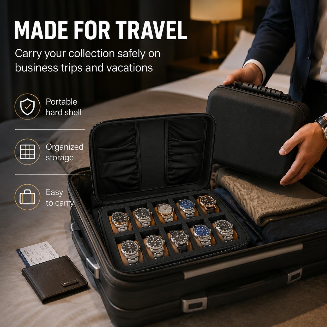 Comecase 10 Slot Watch Case for Men Women, Portable Travel Watch Organizer view 7