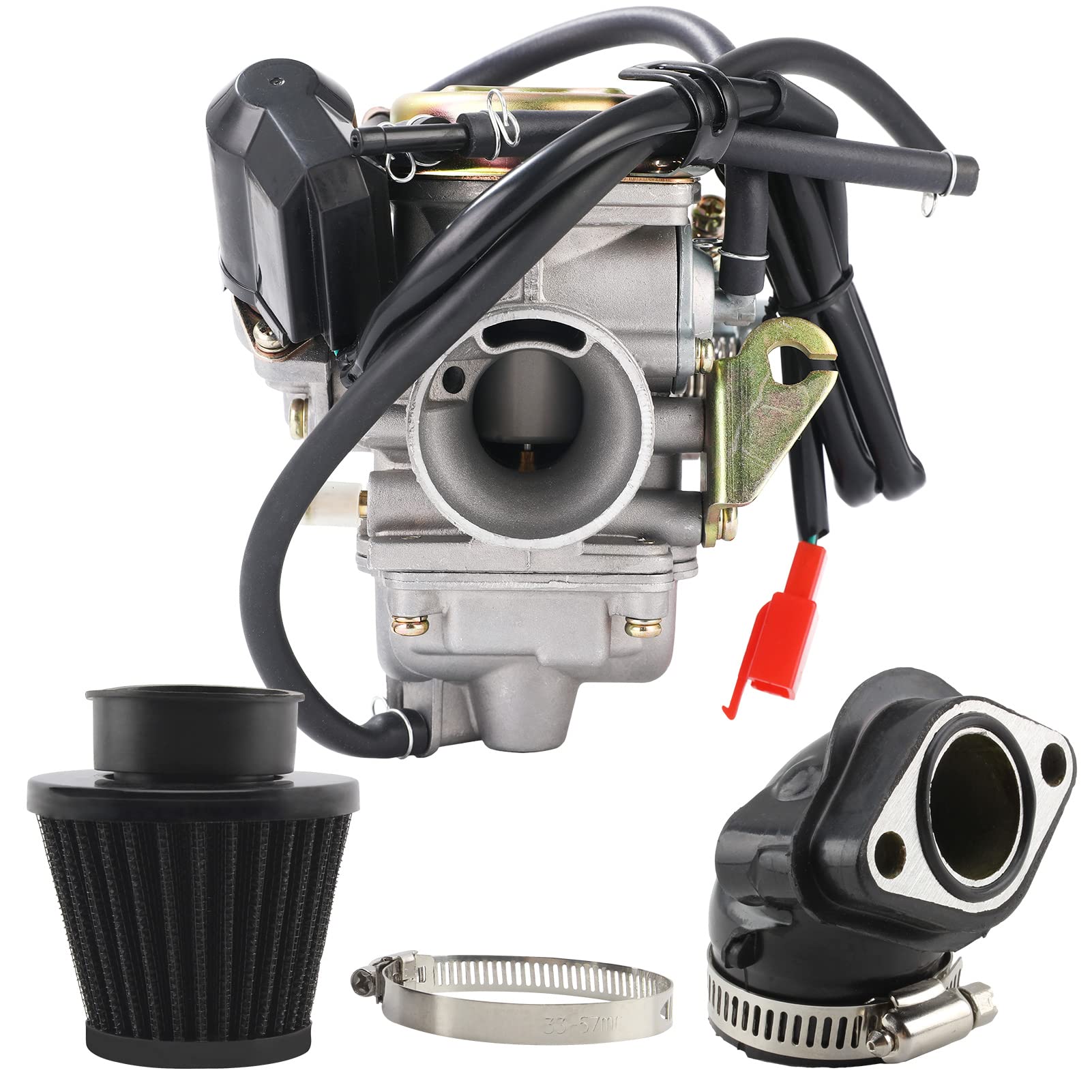 PowerMotor GY6 150 cc Carburetor PD24J Carb for 4-Stroke GY6 125cc 150cc ATV Go Karts Scooter Mopeds 152QMJ 157QM with 24mm Manifold Intake Pipe Air