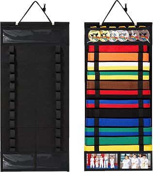 Karate Belt Display Rack - 12 Felt Martial Arts Belt Display Holder with 2 Picture Frames & Clear Medal Box, No Assembly Required, for Taekwondo, BJJ, Jiu Jitsu, Karate Belts