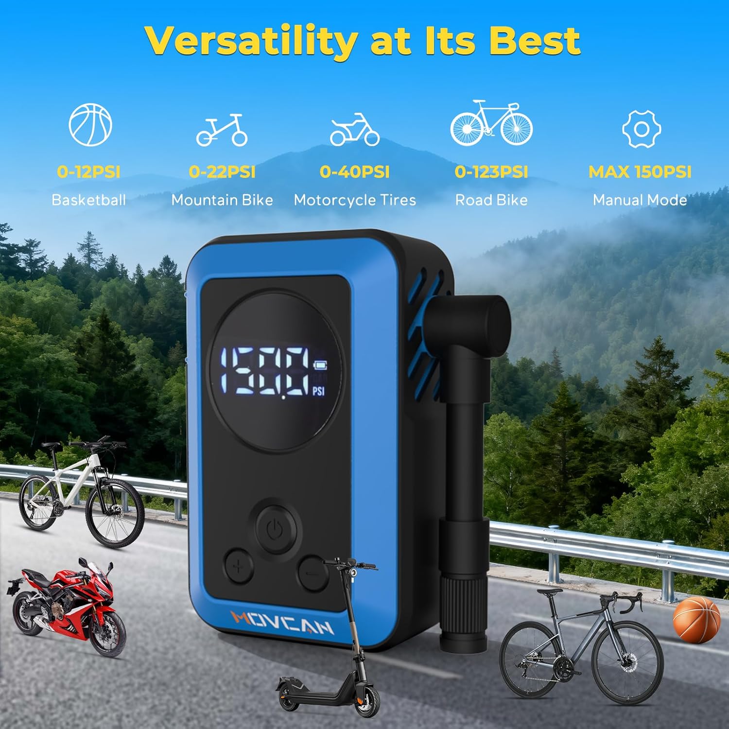 MOVCAN Mini Bike Pump with Gauge, 150PSI Electric Bike Pump Portable, 33s Fast Inflation, Rechargeable Battery, Presta & Schrader Valve Compatible for Bicycle, MTB, E-Bike, Motorcycle Tire - Image 7