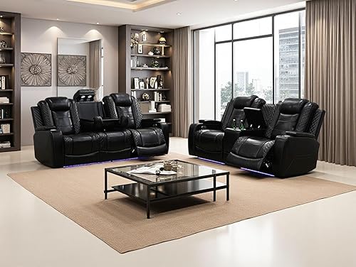 Miniatura 42 de Juego de sofá para sala de estar, sofá de dos plazas con consola de almacenamiento, portavasos, luz LED, puerto USB para apartamento, oficina