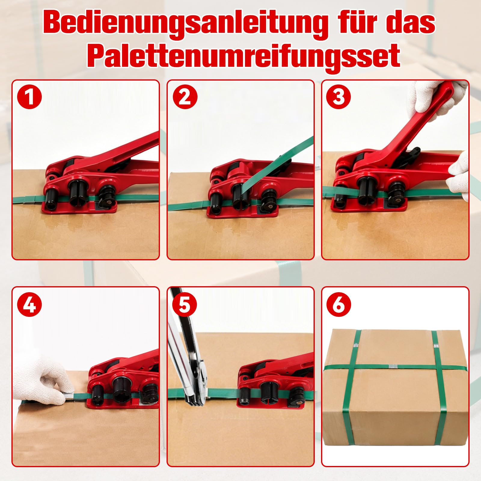 Manuelle Umreifungsset, Umreifungsgerät mit 100m PET-Umreifungsband, 100 Stück Clips, 20 Eckschutz, Handschuhe, Spanner, für 12-19mm PP/PET-Kunststoffverpackungen