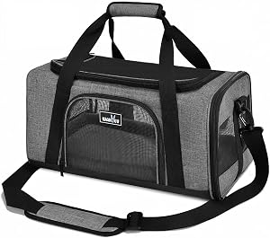 Wakytu Airline Transporteur d'animaux de compagnie approuvé pour les petits chats et chiens TSA Porte-chien avec ventilation adéquate 4 Mesh Windows, 3 Entrée, fermeture à glissière, épaule rembourrée et porteuse 3 Entrées & 5 évents étanches, anti-échapement