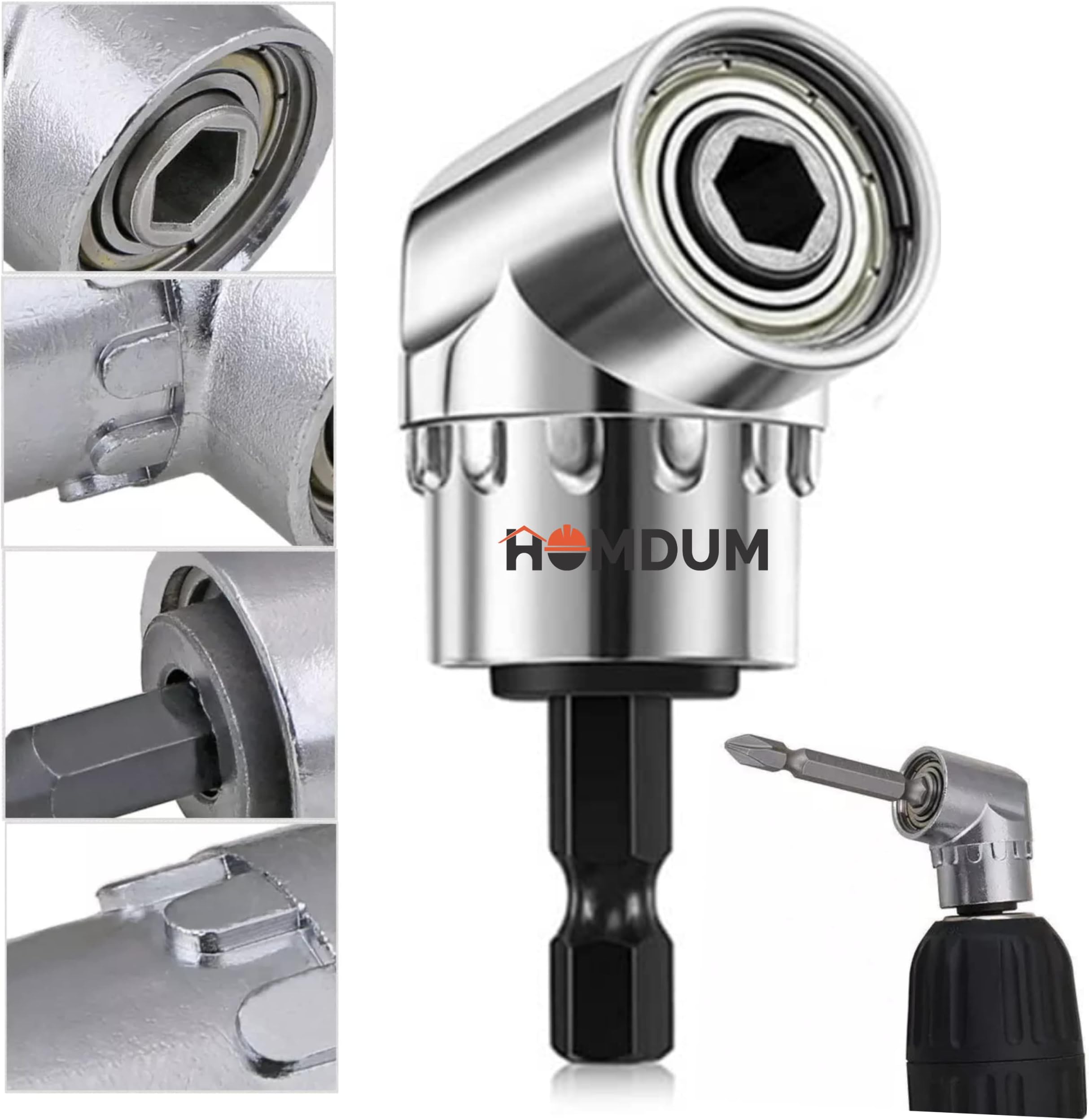 Homdum 105 Degree Right Angle Drill Attachment Quick-Change Hex Shank Magnetic Drill & Screwdriver Bit Socket 1/4 inch Chrome Finish 1/4 Hex head Drive Drilling & screwing Adaptor