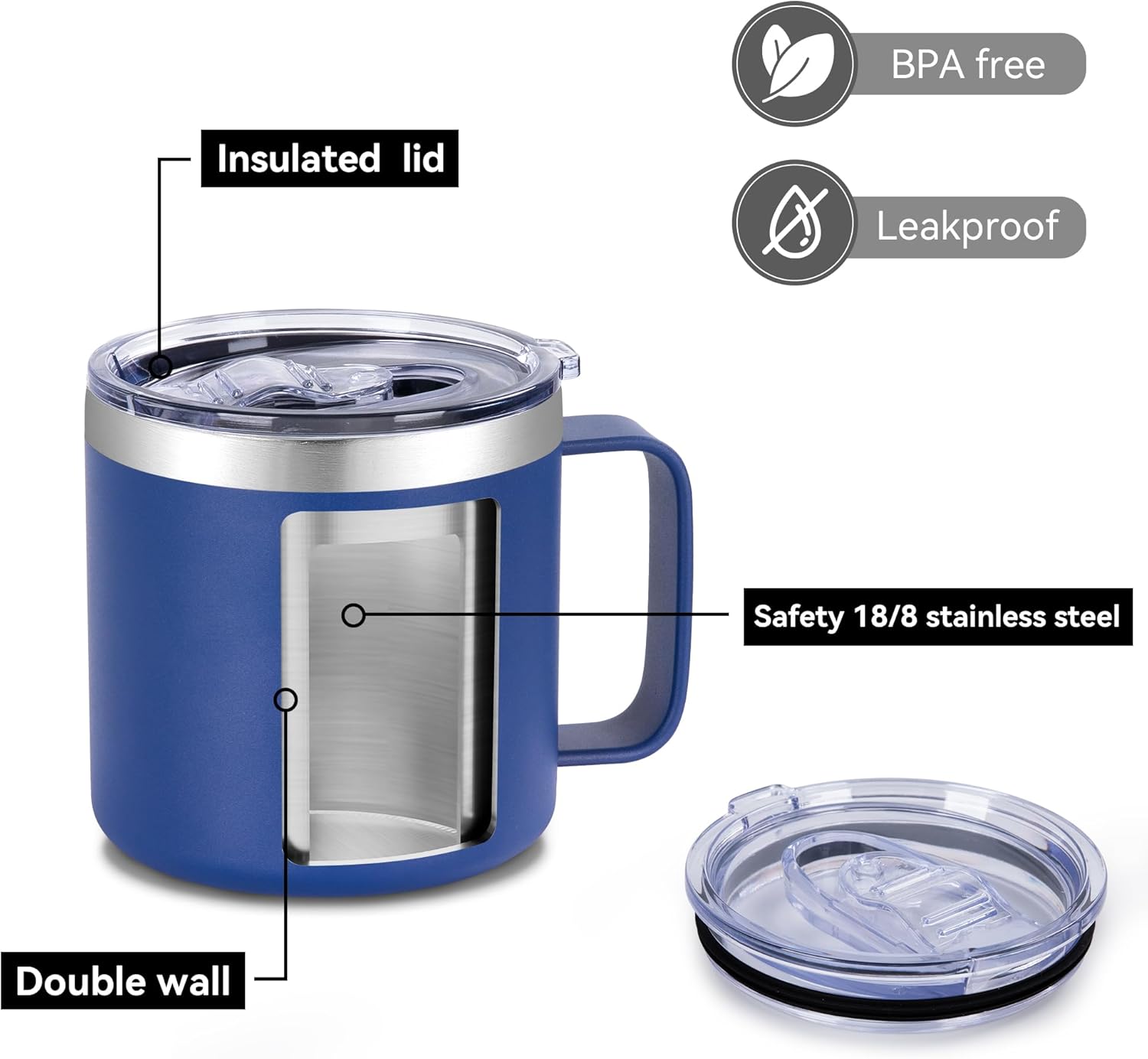 VEGOND 14 oz Insulated Stainless Steel Travel Coffee Mug with Handle, Double Wall Vacuum Coffee Cup, Navy Blue - Image 4