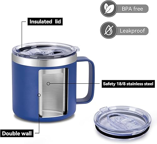 Miniatura 39 de VEGOND Taza de café aislada de 14 onzas con asa, taza de café de viaje de acero inoxidable con tapa, taza de café de metal al vacío de doble pared