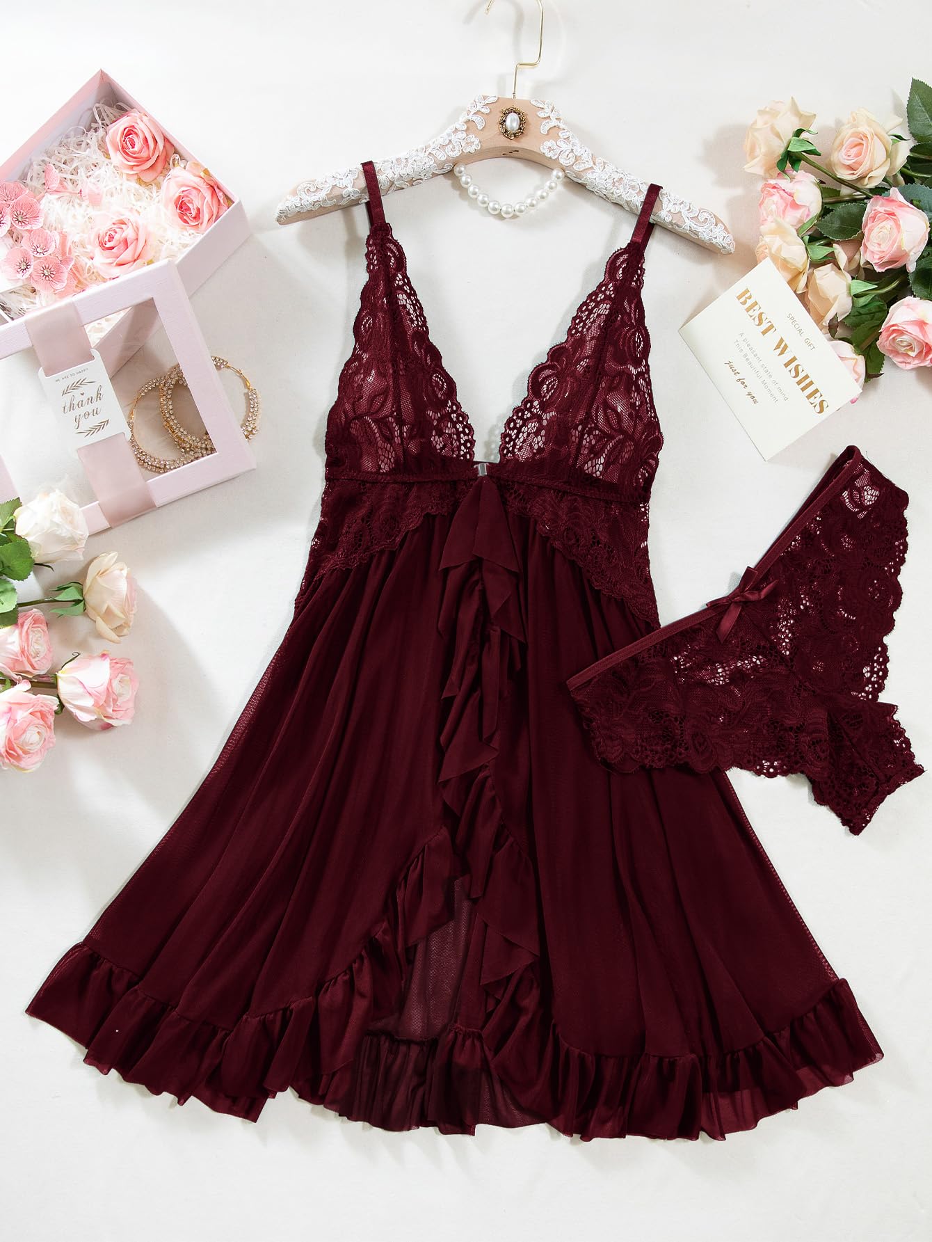 Sexy Open Front V Neck Ruffle Sheer Mesh Lace Wireless Babydoll Lingerie Dress with Thong 2 Piece