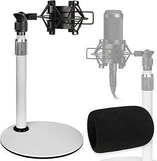 AT2020 Desktop Microphone Stand with Shock Mount & Foam Windscreen, Adjustable Mic Stand Desk with Pop Filter for Audio Technica AT2020 AT2020USB+ AT2035 ATR2500 Condenser Microphone (White) Frgyee