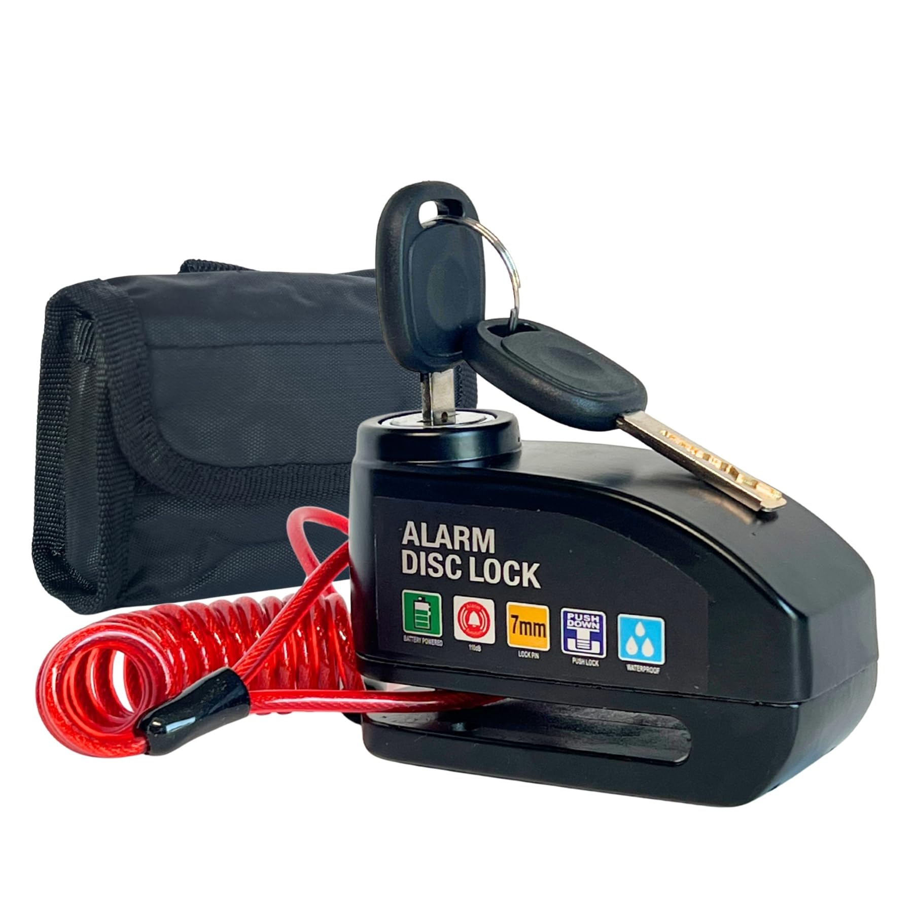 Bloqueo de disco para moto con alarma sonora de 110 dB, candado antirrobo para scooter y moto, bloqueo de disco de moto con accesorios, 2 llaves de seguridad, cable recordatorio 1,5 m y bolsa para