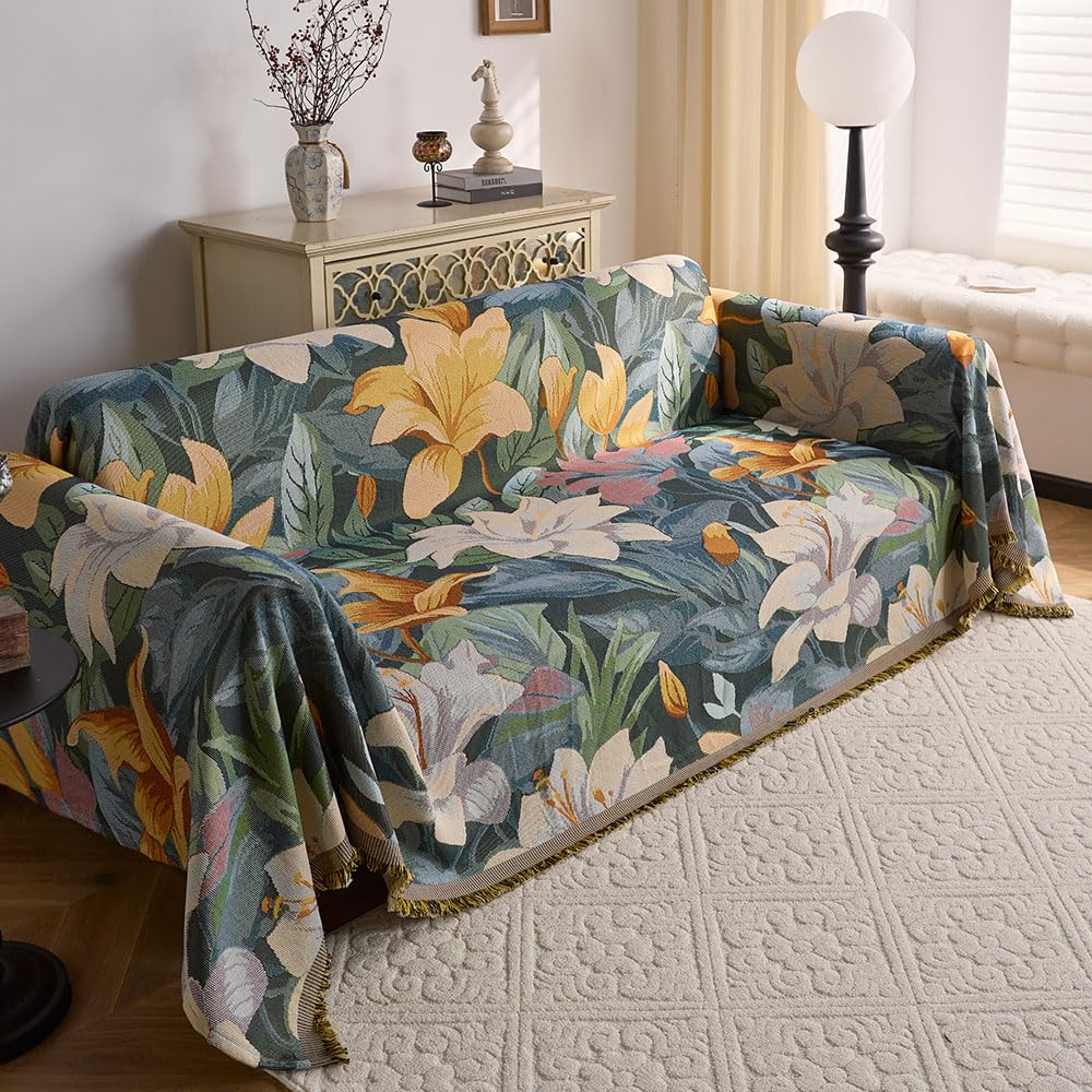 Highdi Sofa Throws Large, Extra Large Throws for Settees Reversible Versatile Chic Woven Soft Throw Blanket with Tassels for Settees Couch Sofa Bed and Armchair (180x230cm,Lilies)