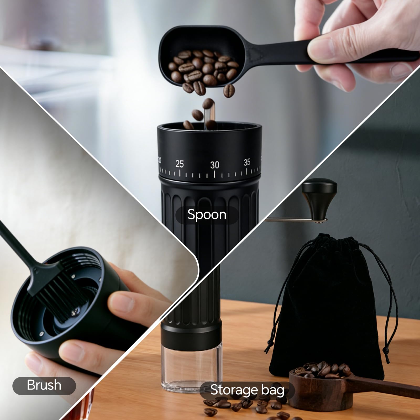 Molinillo de café manual, Molinillo portátil de mano con cuchara, cepillo y bolsa de transporte, cuenta con 40 ajustes externos de molienda, Ideal para preparar espresso y café de vertido