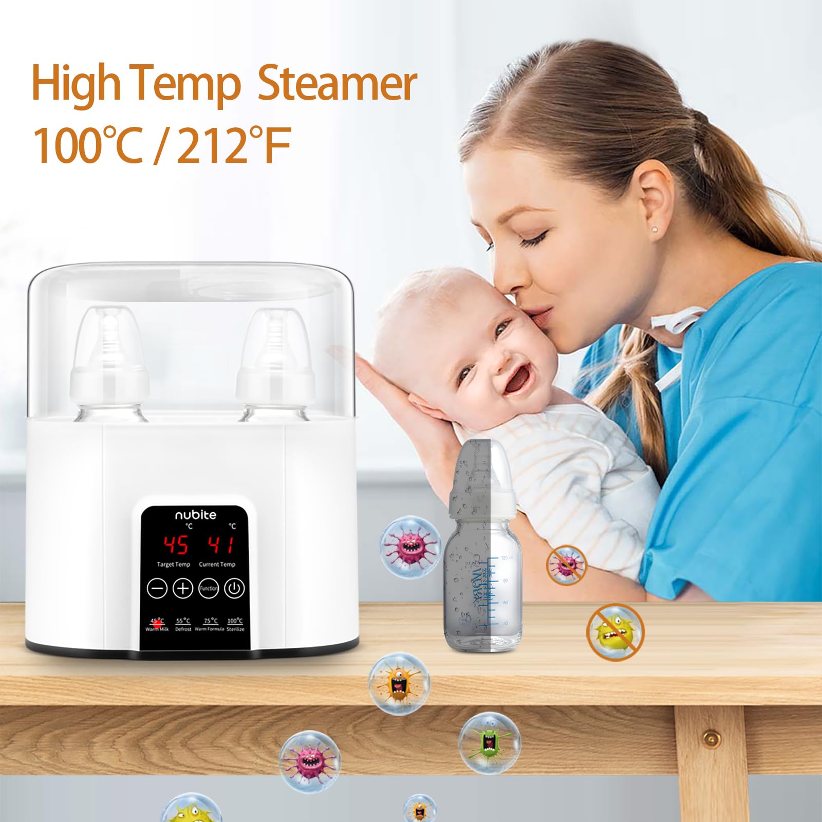 Baby Flaschenwärmer, Schneller Milchwärmer für Muttermilchformel, Babynahrung Dampfgarer, passend für 2 Flaschen, genaue Temperaturkontrolle, mit Auftauen, Sterilisieren, Erhitzen von