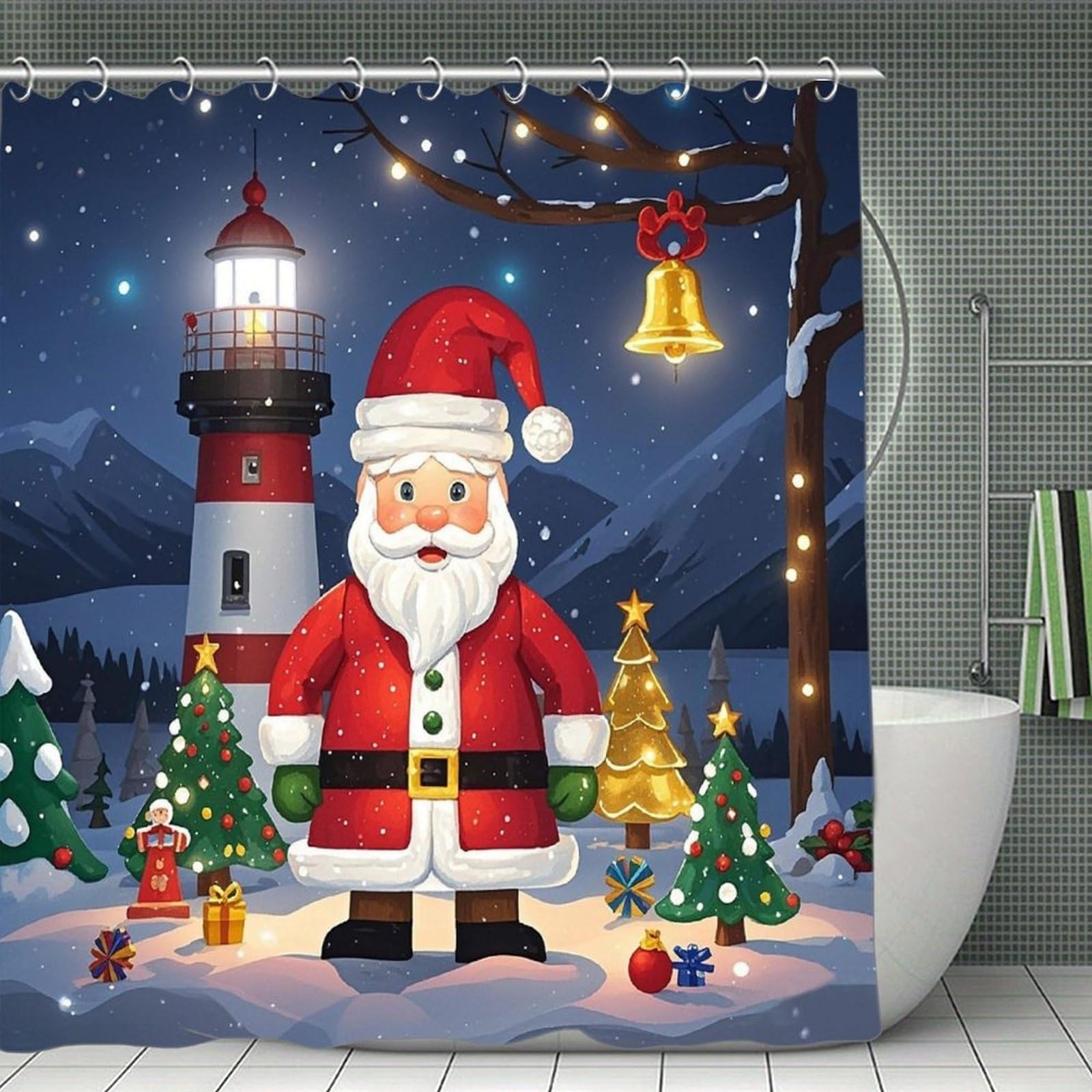 FekiLoot Lighthouse Santa Shower Curtain Minimalist Thick Bathroom Curtain Washable Modern Bathroom Shower Curtain Heavy Duty Waterproof Cloth Bath Curtain with Hooks 70.8"x70.8"