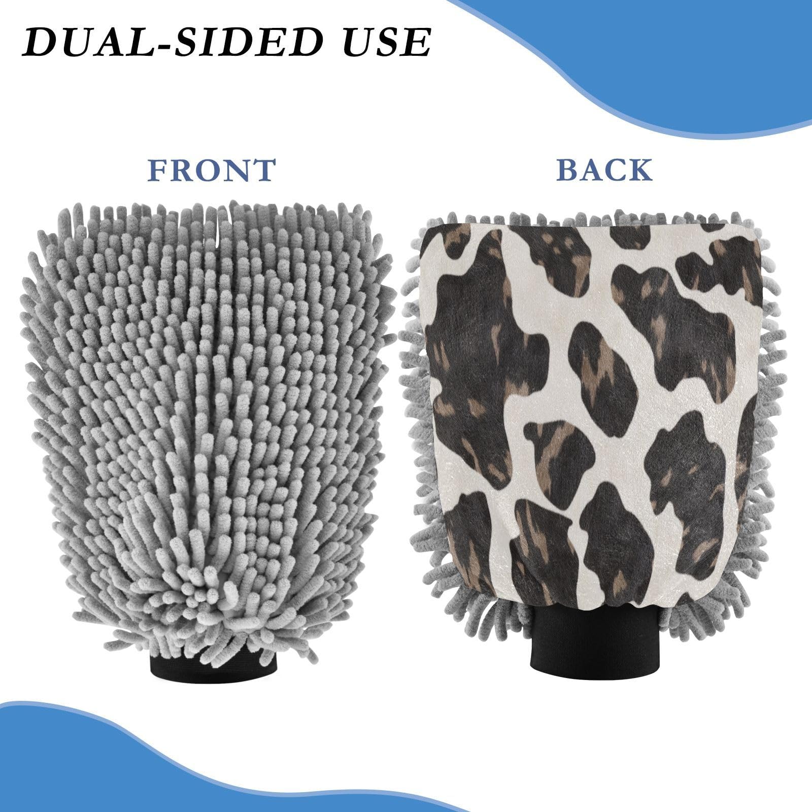 Flradish 2 Pack Cowhide Pattern Car Wash Mitt Chenille Microfiber Lint-Free Scratch Free Ultra-Soft Absorbent Car Wash Mitt 10.2x7.09 Inch