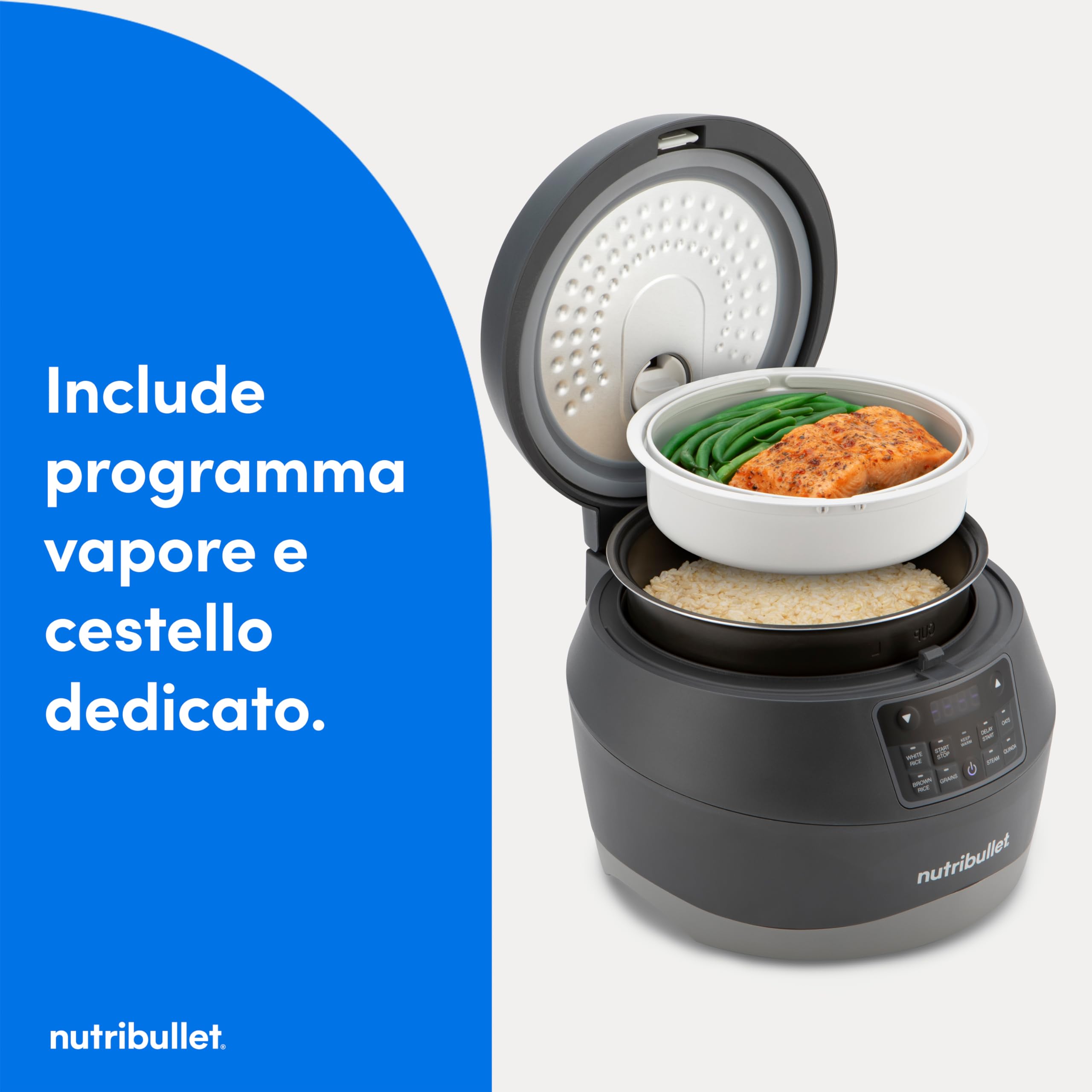 nutribullet EveryGrain Cooker - Cuociriso Multifunzione, Vaporiera Riso e Cereali, 10 Tazze, con 5 Programmi Automatici, Funzione Mantieni Caldo 12h, con Cucchiaio e Cestello, 600W, Grigio (NBRC605DG)