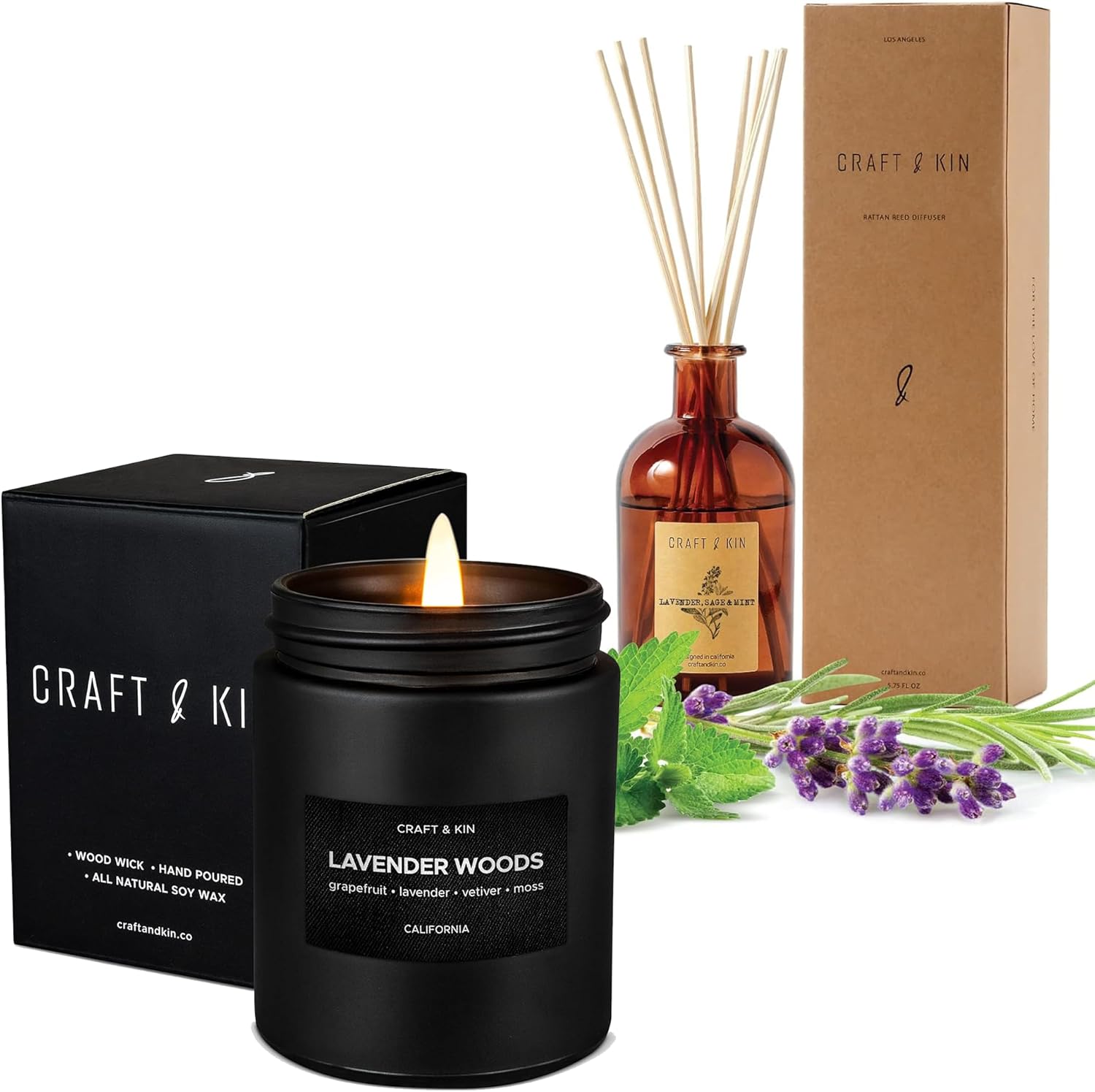 Reed Diffuser & Scented Candle Bundle, Reed Diffuser Set Includes All Natural Essential Oil, Scented Candles for Men, Lavender and Wood Mens Candles for Home, Lavender, Sage & Mint Fragrance Diffuser