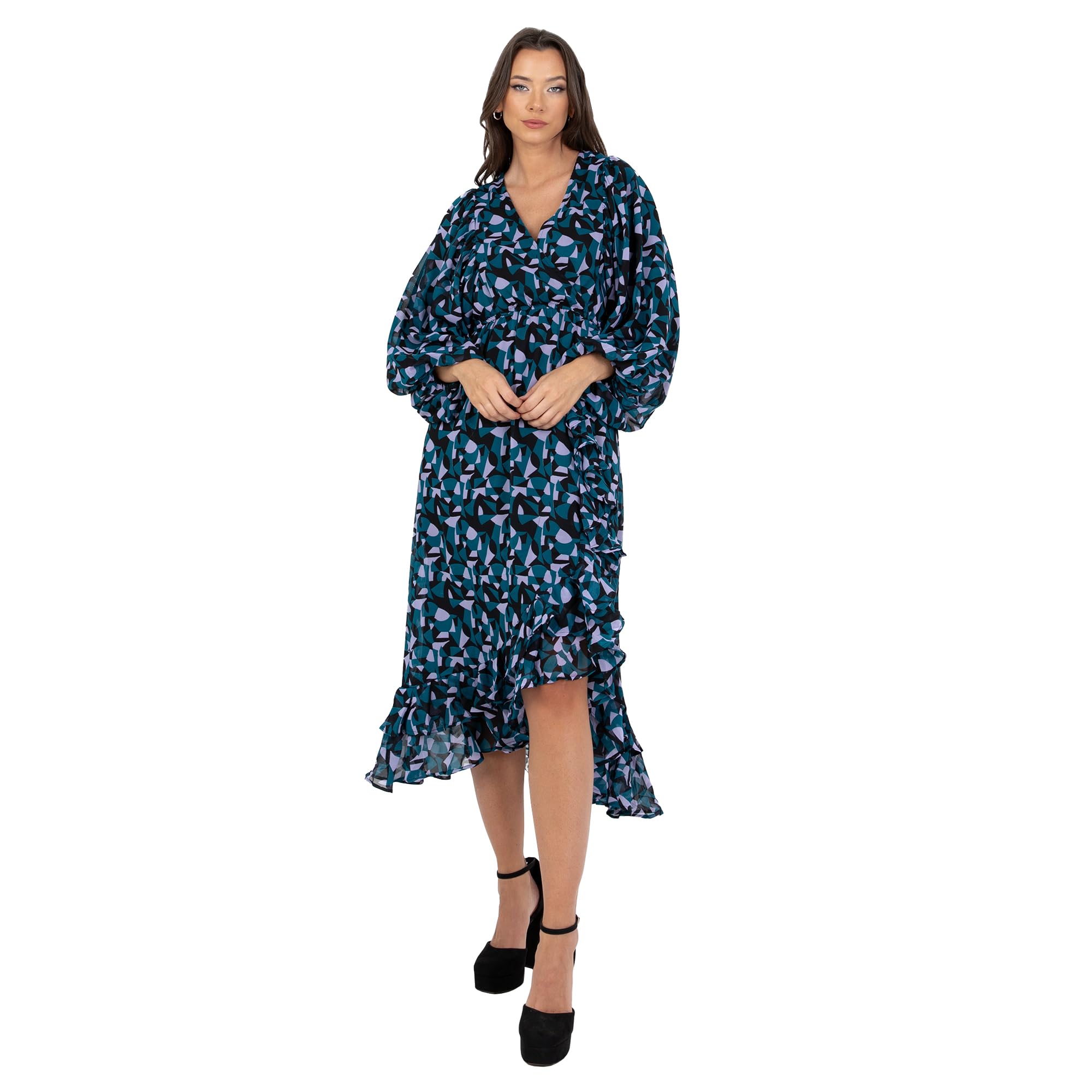 Lovedrobe Women's Midaxi Dress Ladies Long Balloon Sleeve V-Neck Faux Wrap Ruffle Frilly for Wedding Guest Party Occasion Casual Dress,