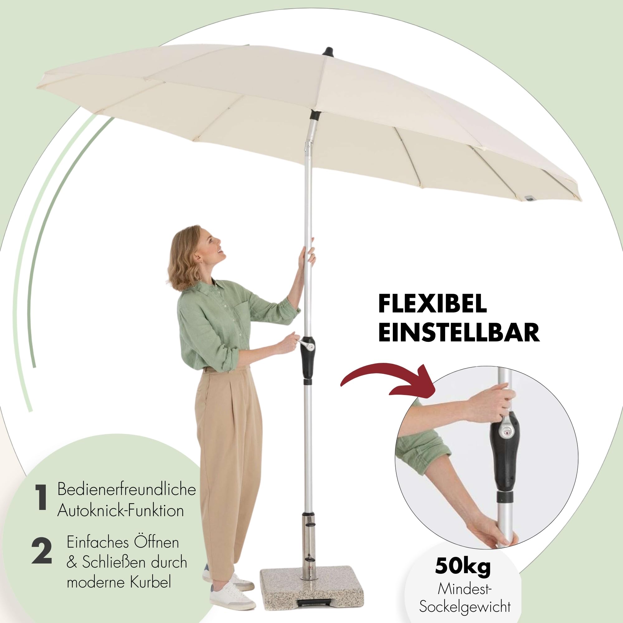 Doppler Sonnenschirm für den Garten Asia Look SL-AZ Auto Tilt 250cm Natur I Gartenschirm knickbar durch kurbeln I Kurbelschirm UV-Schutz 50+ I Kurbelschirm aus Aluminium I regenabweisendes Dach