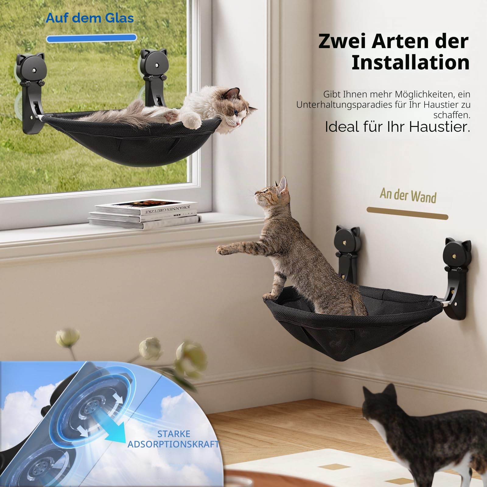 JUNSPOW Fensterbank für Katzen, Zusammenklappbare & stabile Katzenbetten - Atmungsaktive Katzen-Fensterhängematte zum Überwachen, Sonnenbaden und Klettern - hält maximal bis zu 18kg