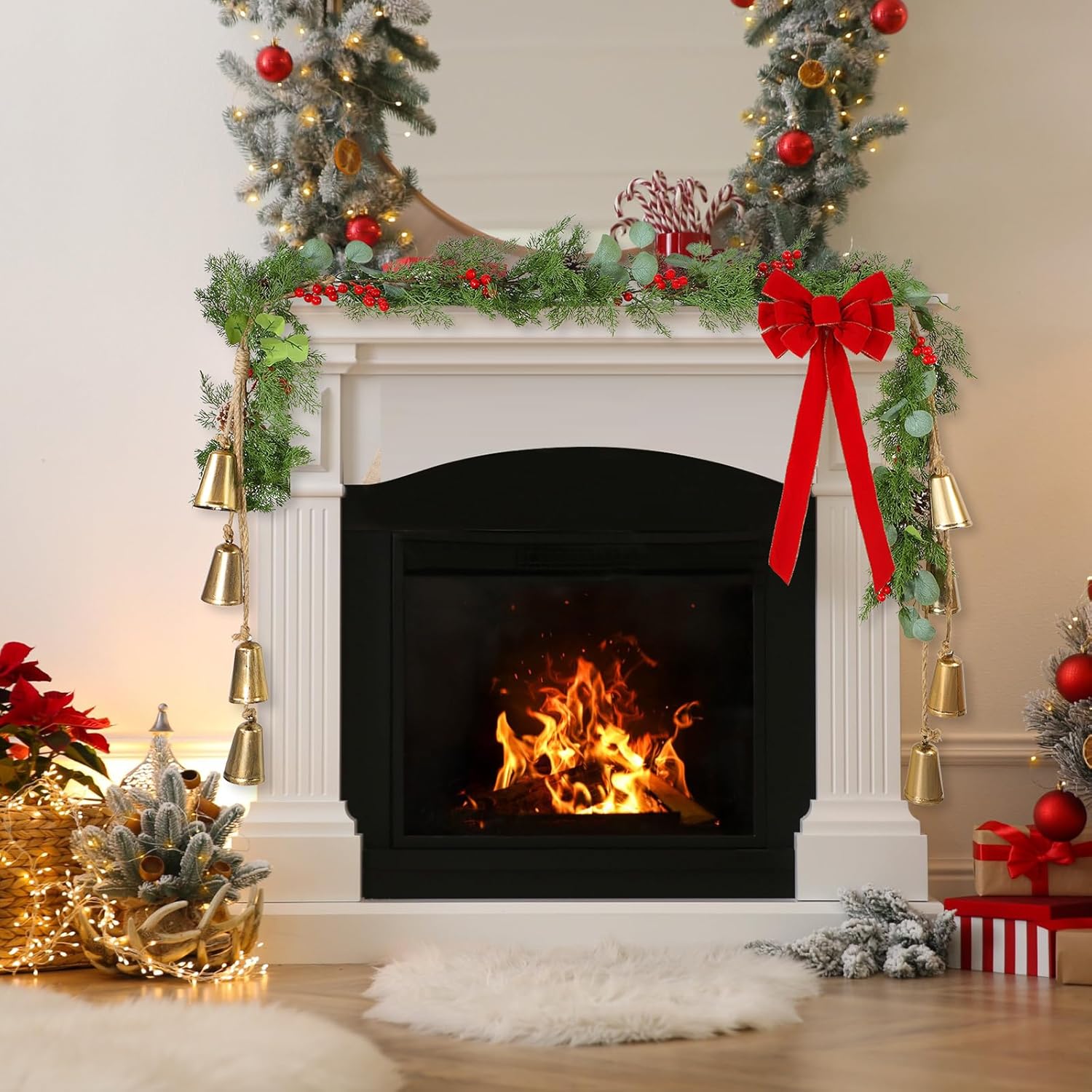 10 Pcs Christmas Decorations Includes Iron Gold Bell Chime Hanging Rope 6.3 ft Berry Christmas Garland and 11.8 x 26 Inch Red Bows Christmas Fireplace Mantel Christmas Vintage Style Decor