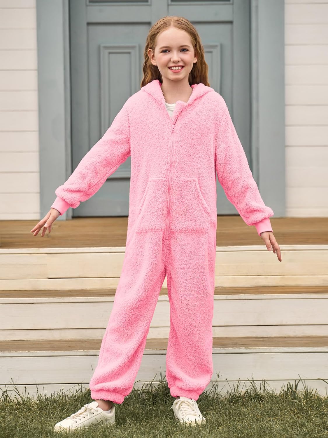 rrhss Girls Fleece Onesie Pajamas Kids Zip Up Hooded Blanket Sleeper with Pockets 5-14 Years - Image 2