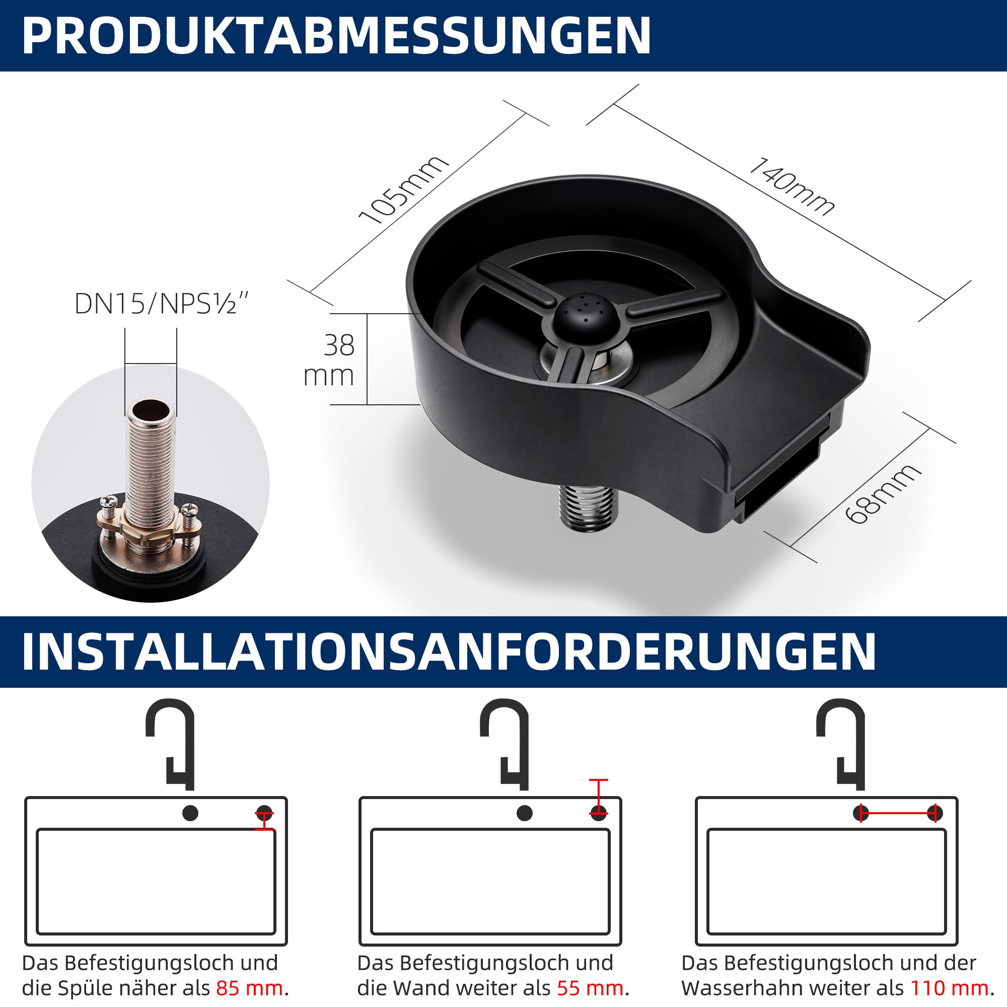 ZHIBAI Gläserspüler,FlaschenspüLer,Glasspüler für Spülbecken,Edelstahl Glasspüler für Spülbecken,glass spüllen für küchenspüle,Bar Gläserdusche, spülbecken-glasspüler,flaschenreiniger(Schwarz)
