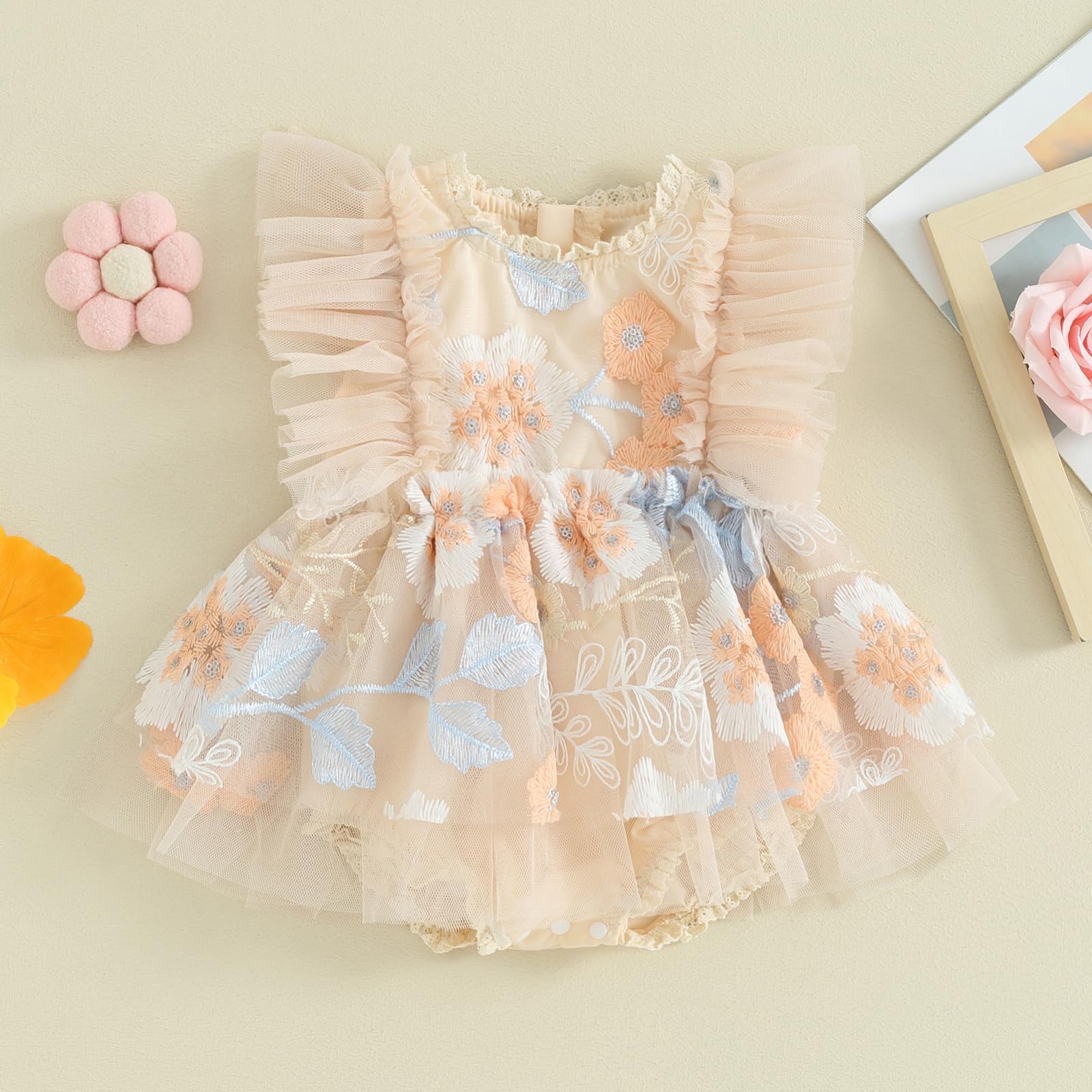 Baby Girl Dresses Infant First Birthday Outfit Summer Tulle Tutu Romper Dress Newborn Photoshoot Fairy Clothes (C Embroidery Floral Beige, 0-6 Months)