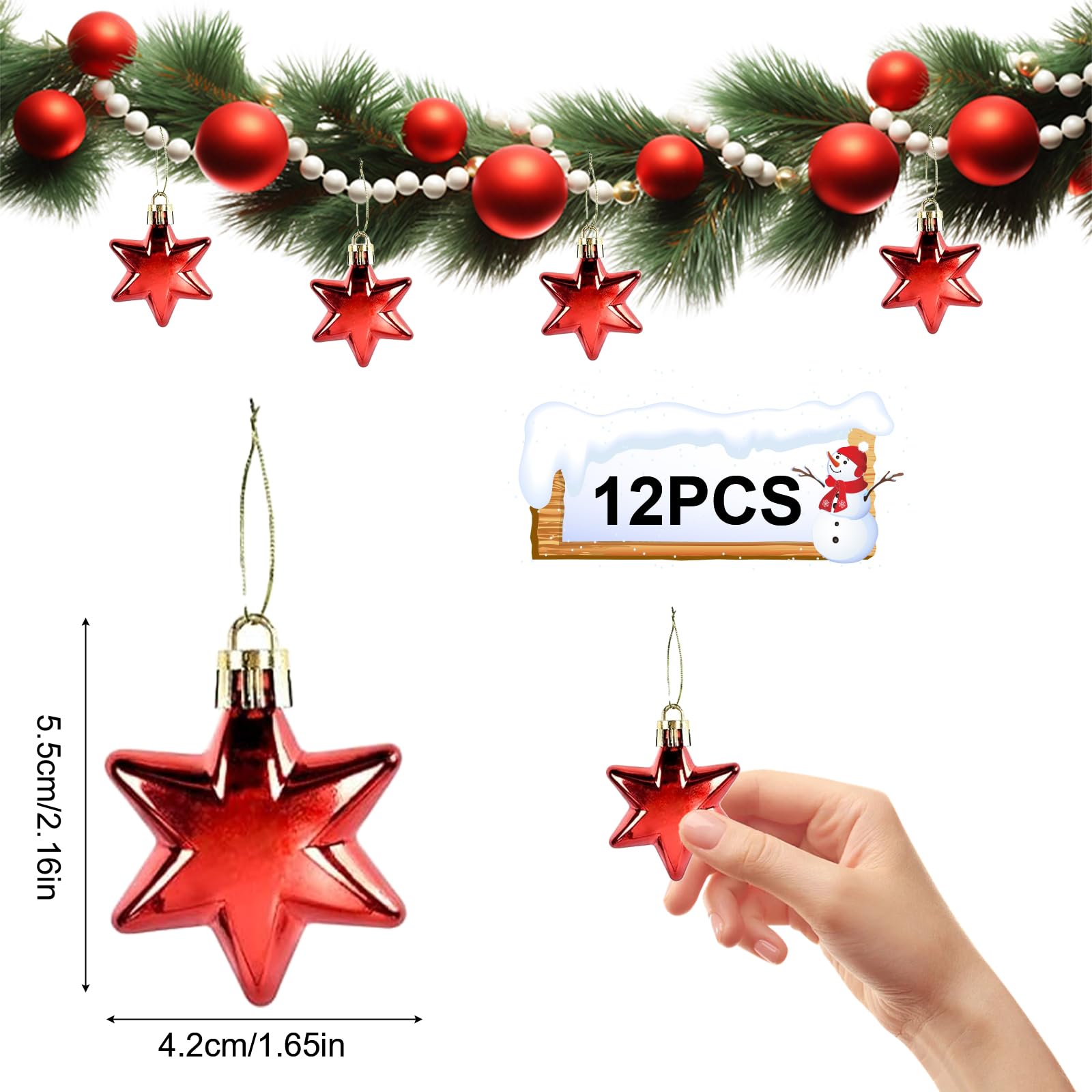 Pack of 12 Christmas Tree Decorations, Shatterproof Star Hangers, Plastic Poinsettia Ornament, Decorative Pendants - Image 2