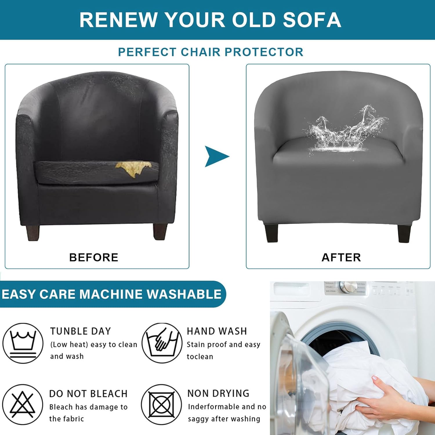 Club Chair Slipcover PU Leather, Waterproof Tub Chair Cover Stretch Non Slip Armchair Sofa Cover Living Room Round Barrel Chair Covers Furniture Protector-Dark Grey-1 Piece